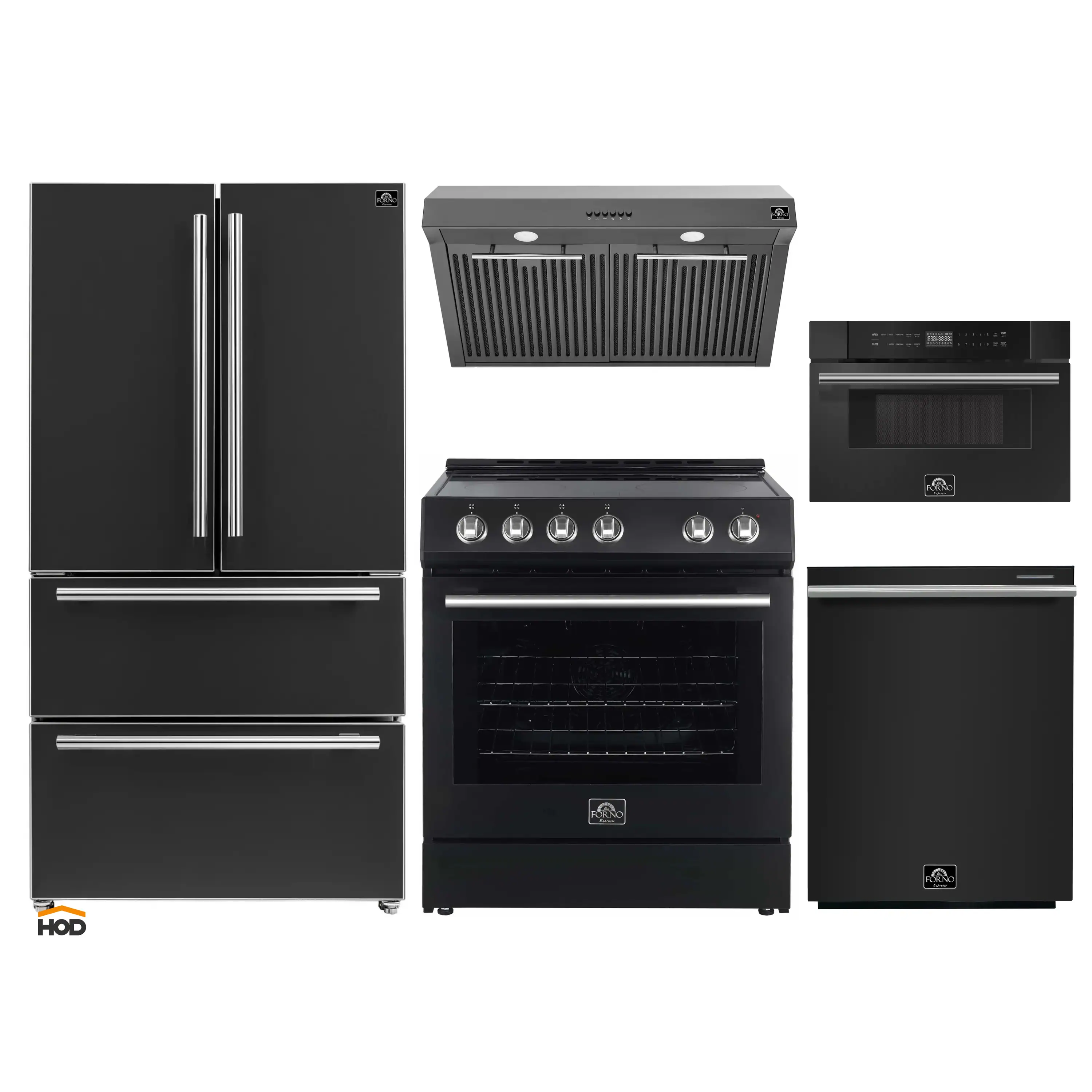 Forno 5-Piece Appliance Package - 30-Inch Electric Range, Under Cabinet Range Hood, French Door Refrigerator, Dishwasher, and 30-Inch Microwave Drawer in Black with Stainless Steel Handle