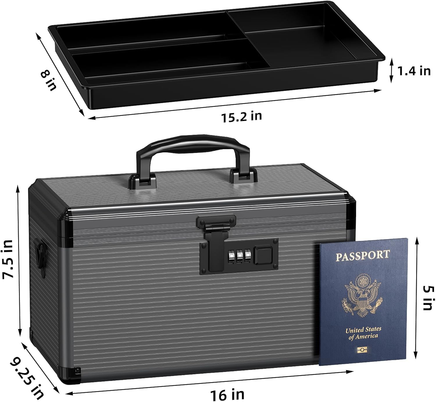 Medicine Lock Box with Code, Locking Medicine Box with Removable Tray & Pocket Bag, Portable First Aid Box for Home, 16 * 9.25 * 7.5 Inch (Black, X-Large-16inch)