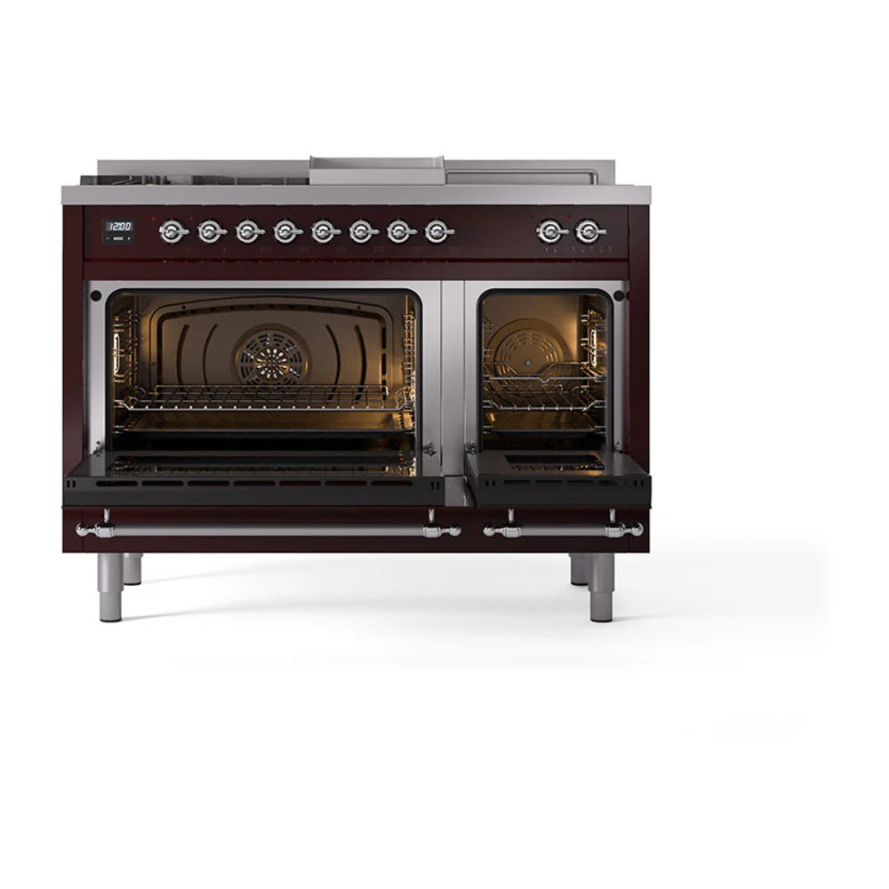 ILVE Nostalgie II 48-Inch Dual Fuel Range with 5 Burners, Griddle, & French Top, with Solid Door Oven in Burgundy with Chrome Trim (UP48FSQNMPBUC)