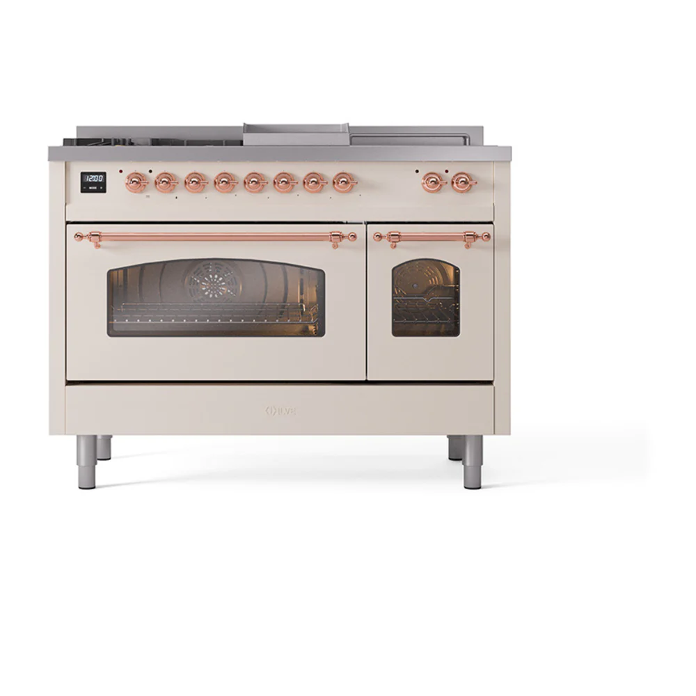 ILVE Nostalgie II 48-Inch Dual Fuel Range with 5 Burners, Griddle, & French Top with Triple Glass Door Oven in Antique White with Copper Trim (UP48FSNMPAWP)