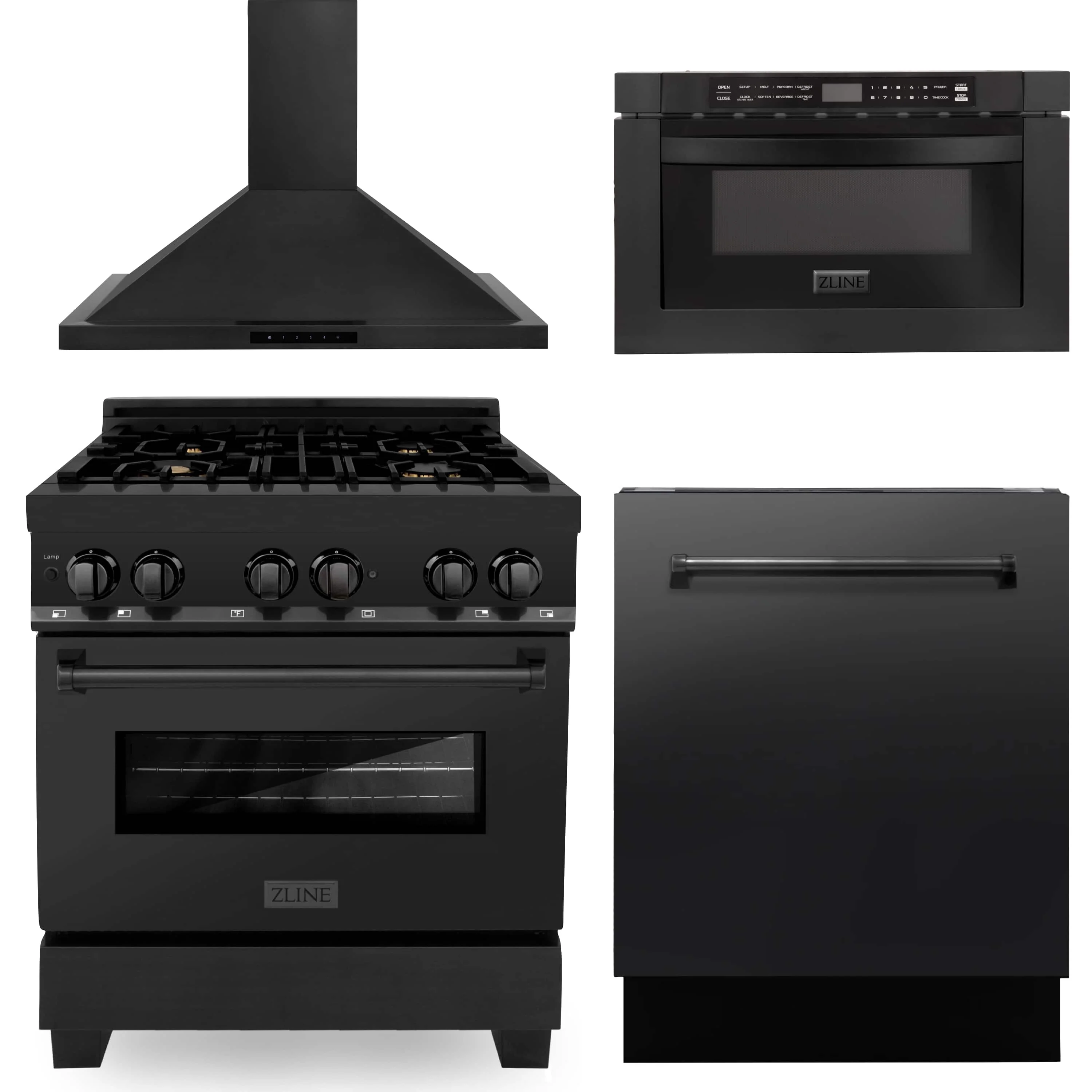 ZLINE Appliance Package - 30-Inch Dual Fuel Range with Brass Burners, Hood, Microwave Drawer, Dishwasher in Black Stainless Steel (4KP-RABRH30-MWDWV)