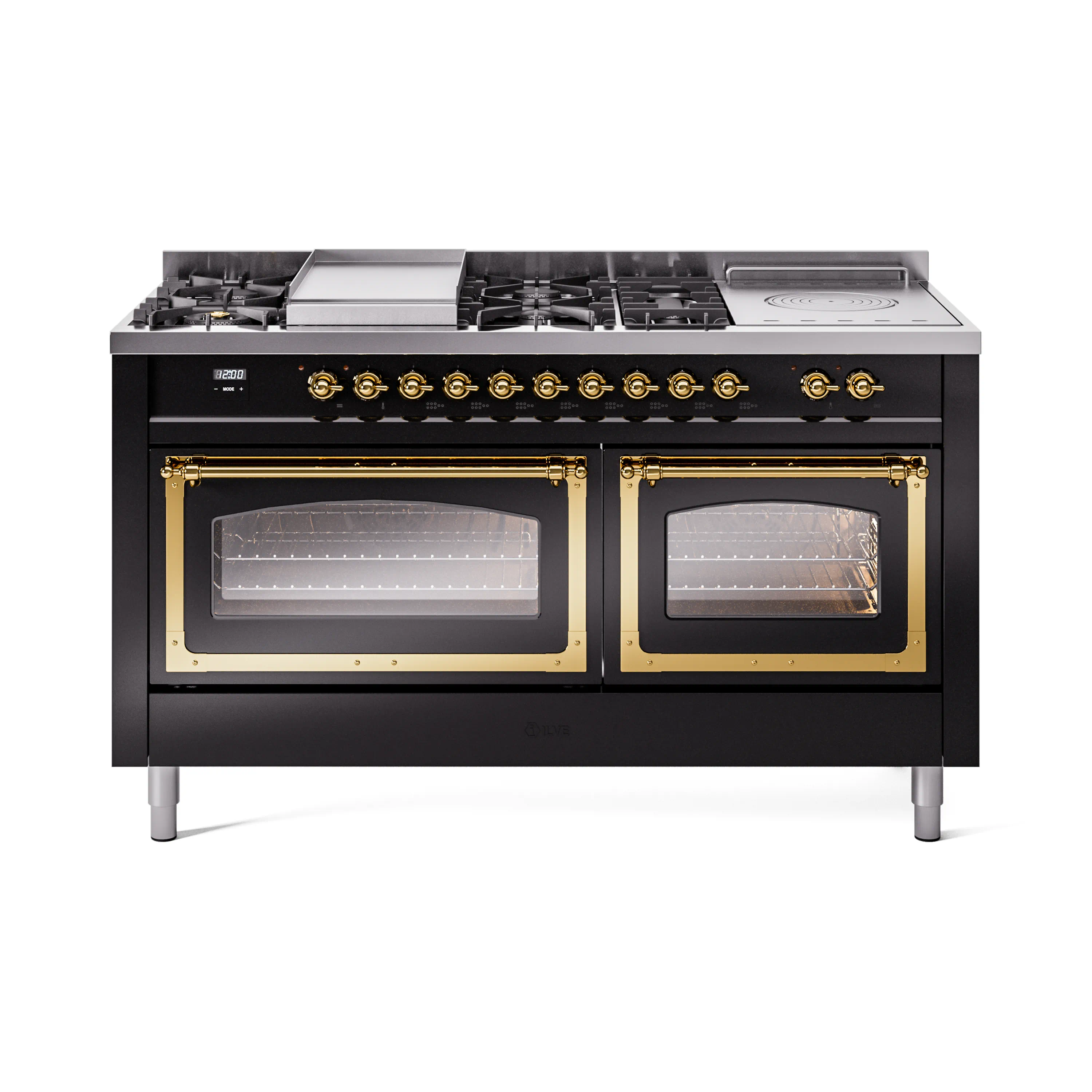 ILVE 60-Inch Nostalgie II Noblesse Dual Fuel Range with 7 Sealed Burners, Griddle, French Top and Triple Glass Door Oven in Glossy Black with Brass Trim (UN60FSNMPBKG)