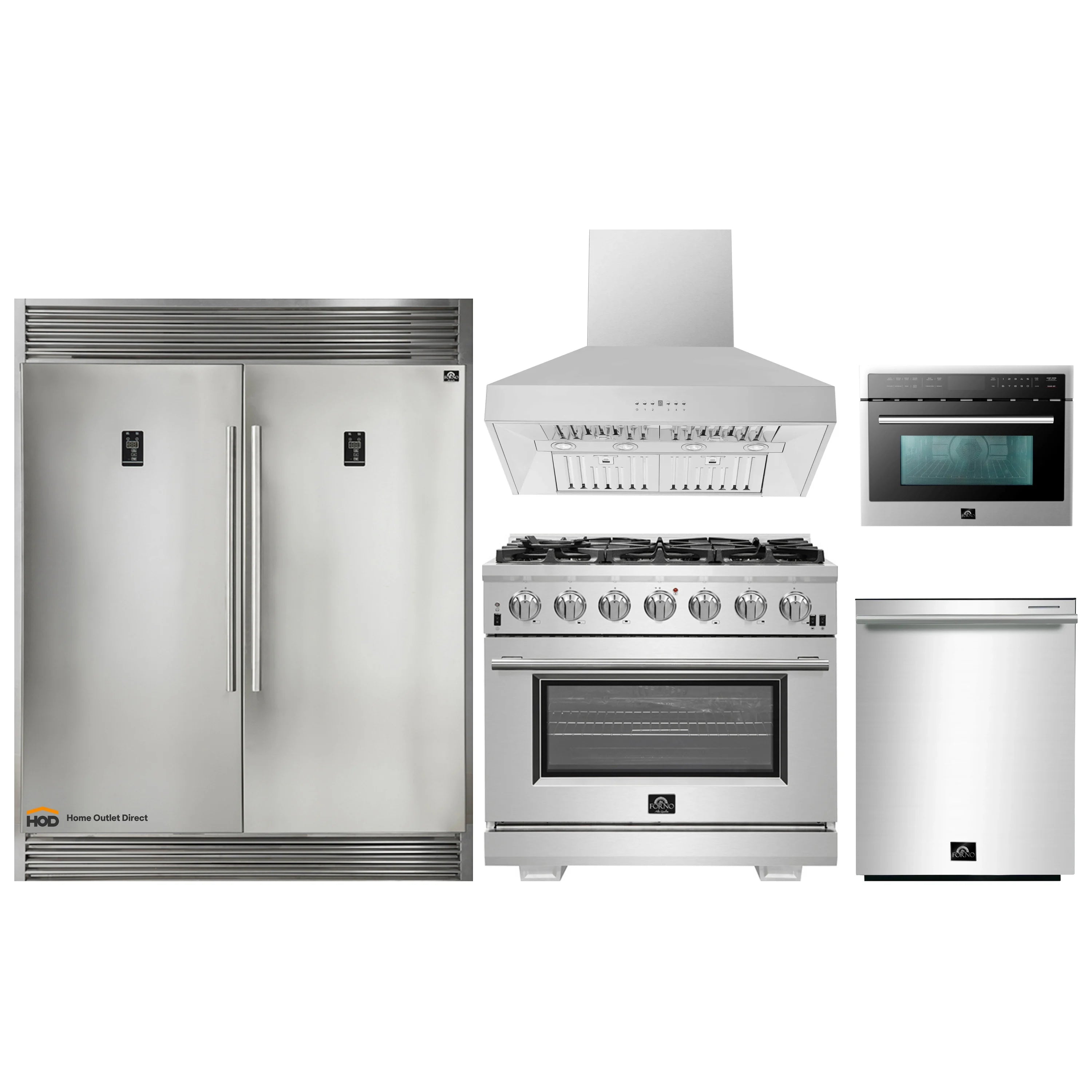 Forno 5-Piece Pro Appliance Package - 36-Inch Gas Range, 60-Inch Pro-Style Refrigerator, Wall Mount Hood, 24-Inch Microwave Oven, & 3-Rack Dishwasher in Stainless Steel
