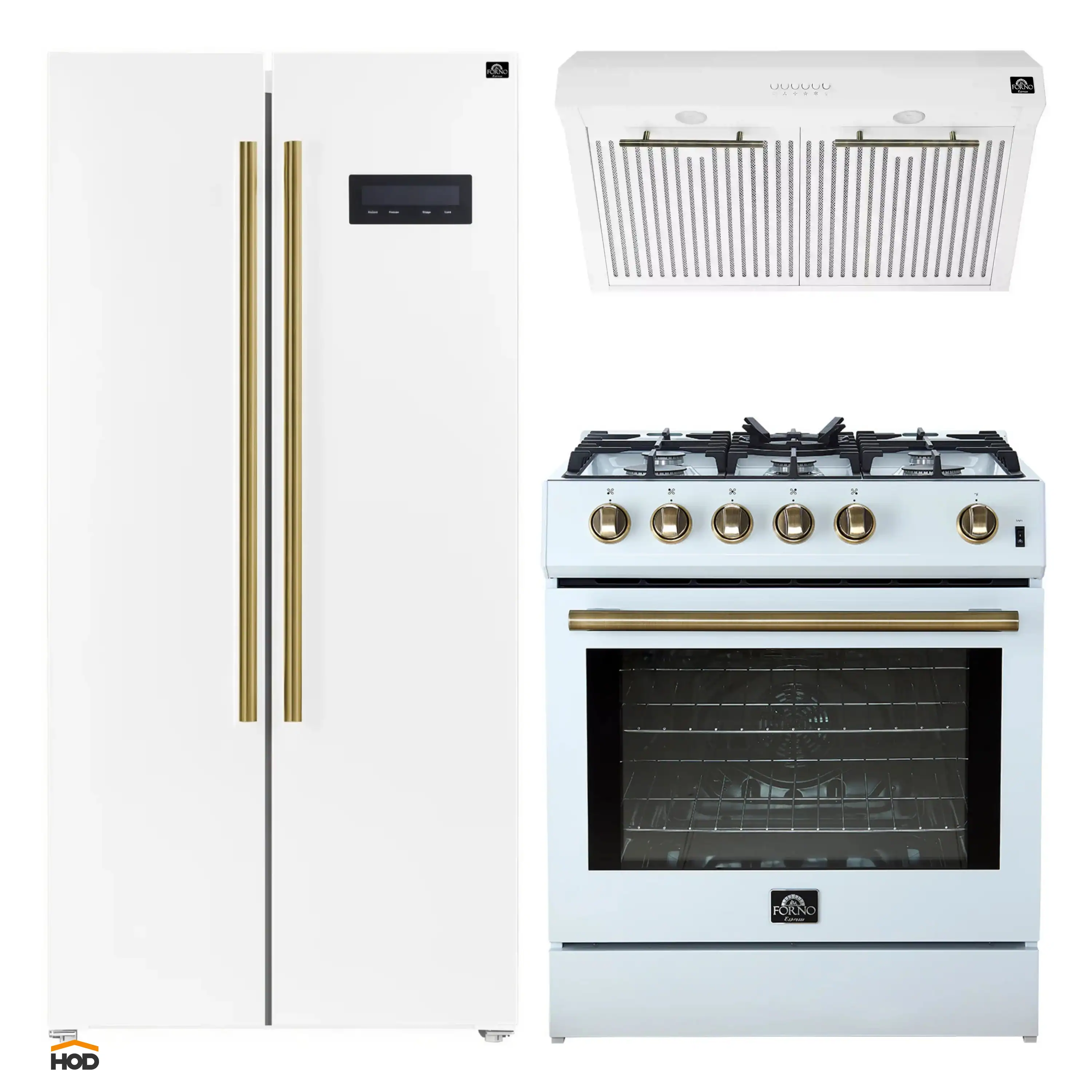 Forno 3-Piece Appliance Package - 30-Inch Gas Range, Under Cabinet Range Hood, & Side-by-Side Refrigerator in White with Antique Brass Trim