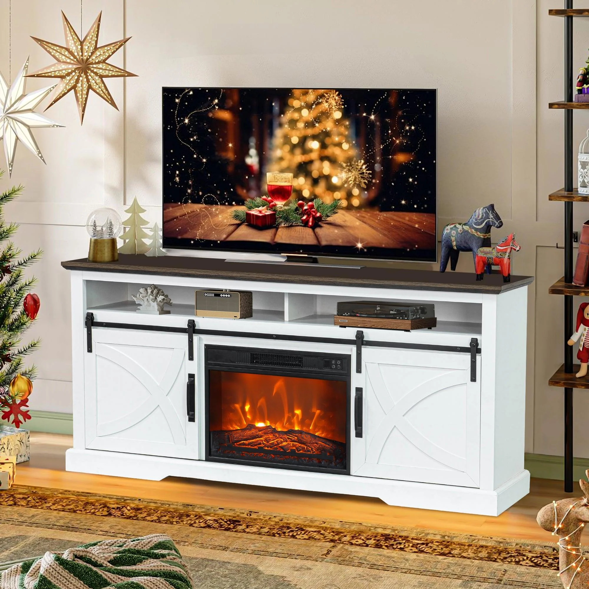 Parrot Uncle 68-Inch Farmhouse TV Stand with 23-Inch Insert Opening Electric Fireplace