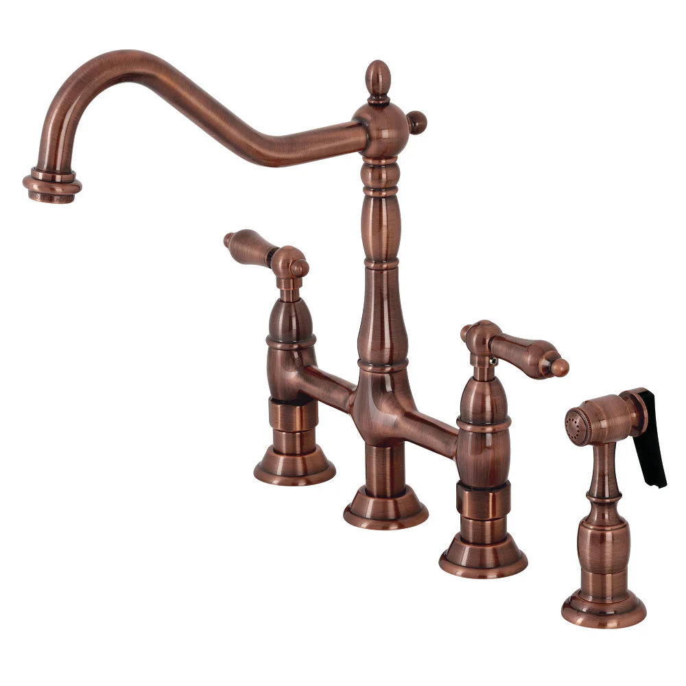 Kingston Brass Heritage Bridge Kitchen Faucet with Brass Side Sprayer, Antique Copper (KS127ALBSAC)