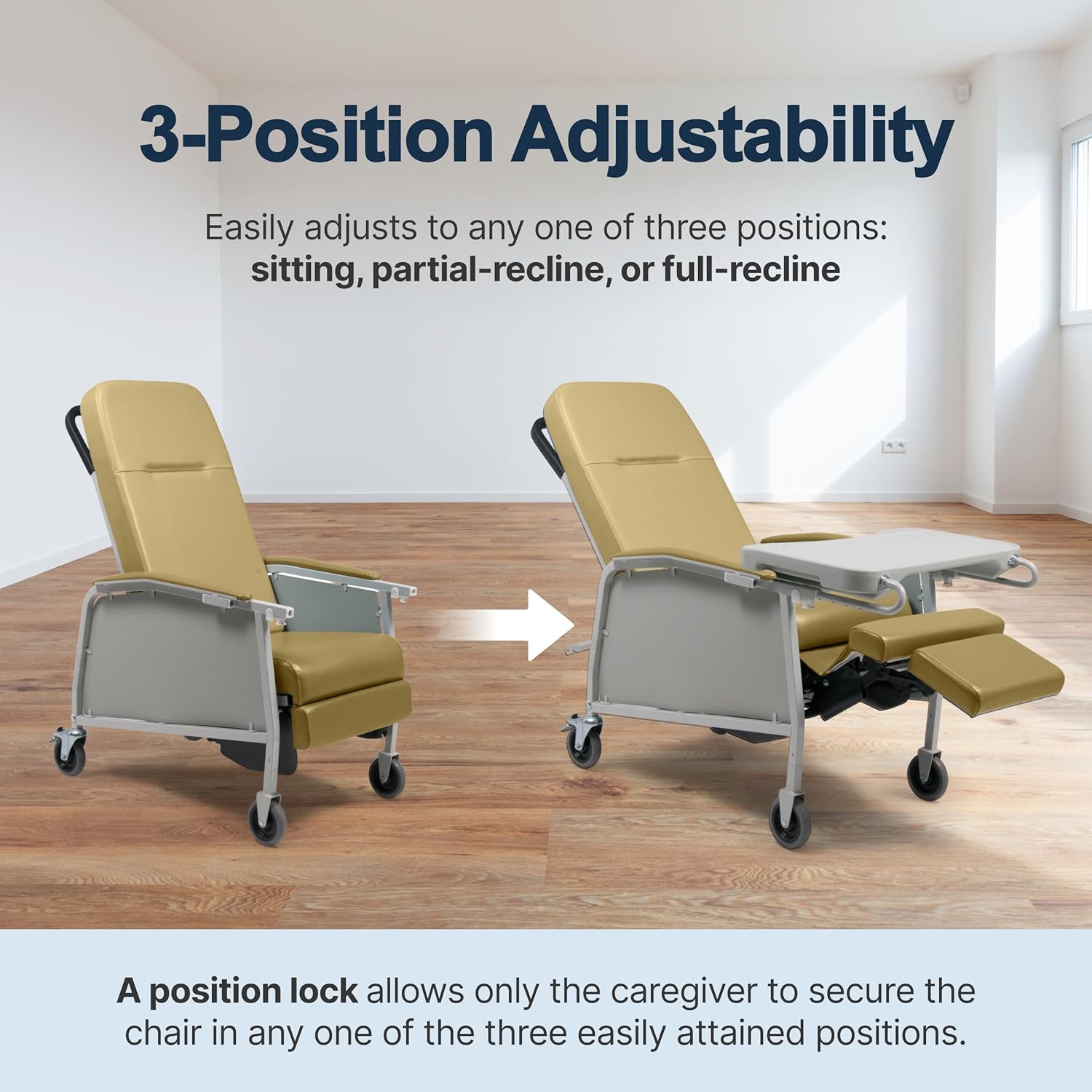 Lumex 3-Position Medical Recliner, Reclining Geri Chair with Wheels, Vintage Gold