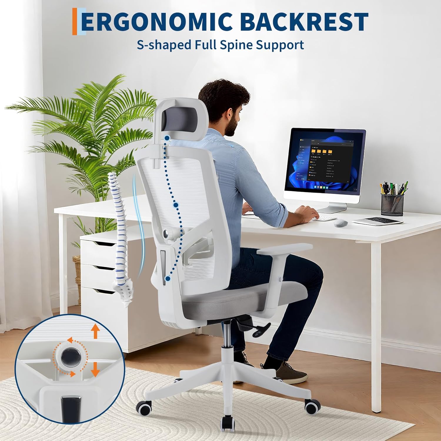 Ergonomic Mesh Chair, Reclining Computer Chair with Adjustable Headrest, Lumbar Support and Space-Saving Arms, for Desk Work, Gaming, White Frame/Gray Mesh