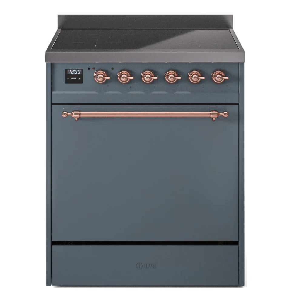 ILVE 30-Inch Nostalgie II Induction Range with Solid Door Oven in Blue Grey with Copper Trim (UPI304QNMPBGP)