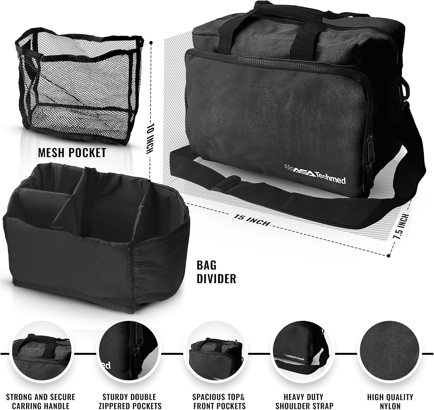 ASA TECHMED Physical Therapy Home Health Aide Comprehensive Kit - Carrying Bag, Blood Pressure Cuff, Stethoscope, Gait Belt - Black