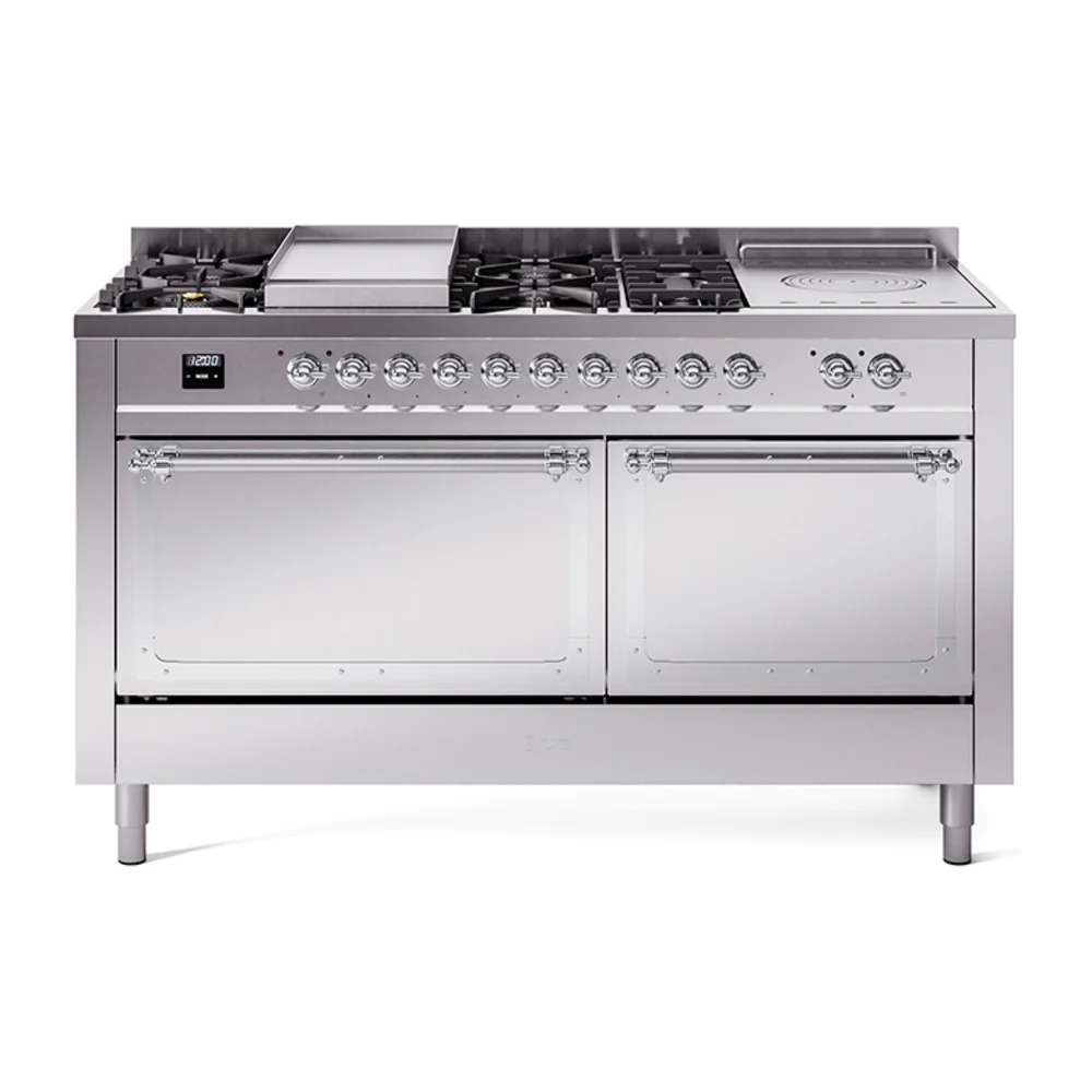 ILVE 60-Inch Nostalgie II Noblesse Dual Fuel Range with 7 Sealed Burners, Gridlde, French Top, and Solid Door Oven in Stainless Steel with Chrome Trim (UN60FSQNMPSSC)