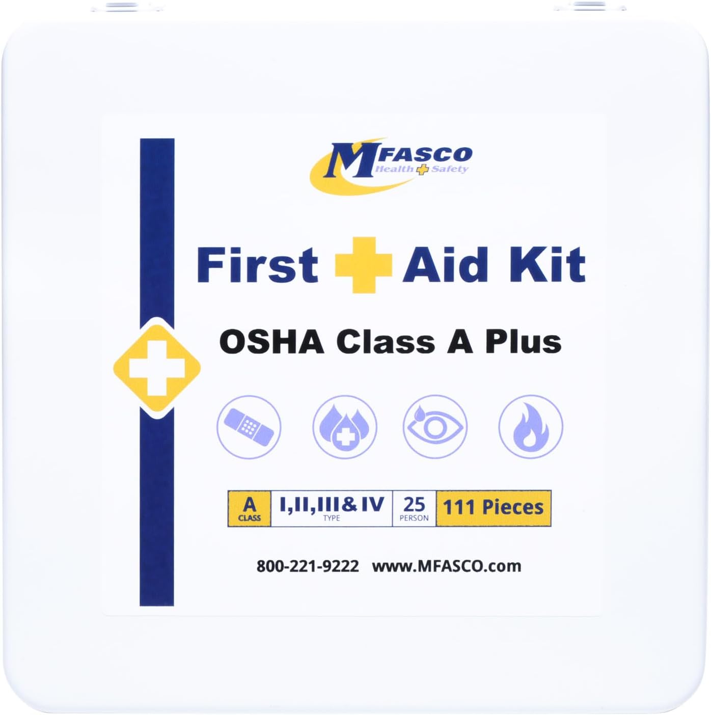 MFASCO OSHA Class A Plus First Aid Kit Metal Case - Wall-Mounted or Carried - Rubber Seal Gasket - ANSI & OSHA Type I, II, III & IV - Handles Cuts, Scrapes, Burns, CPR - Easy Refill - 25 Person