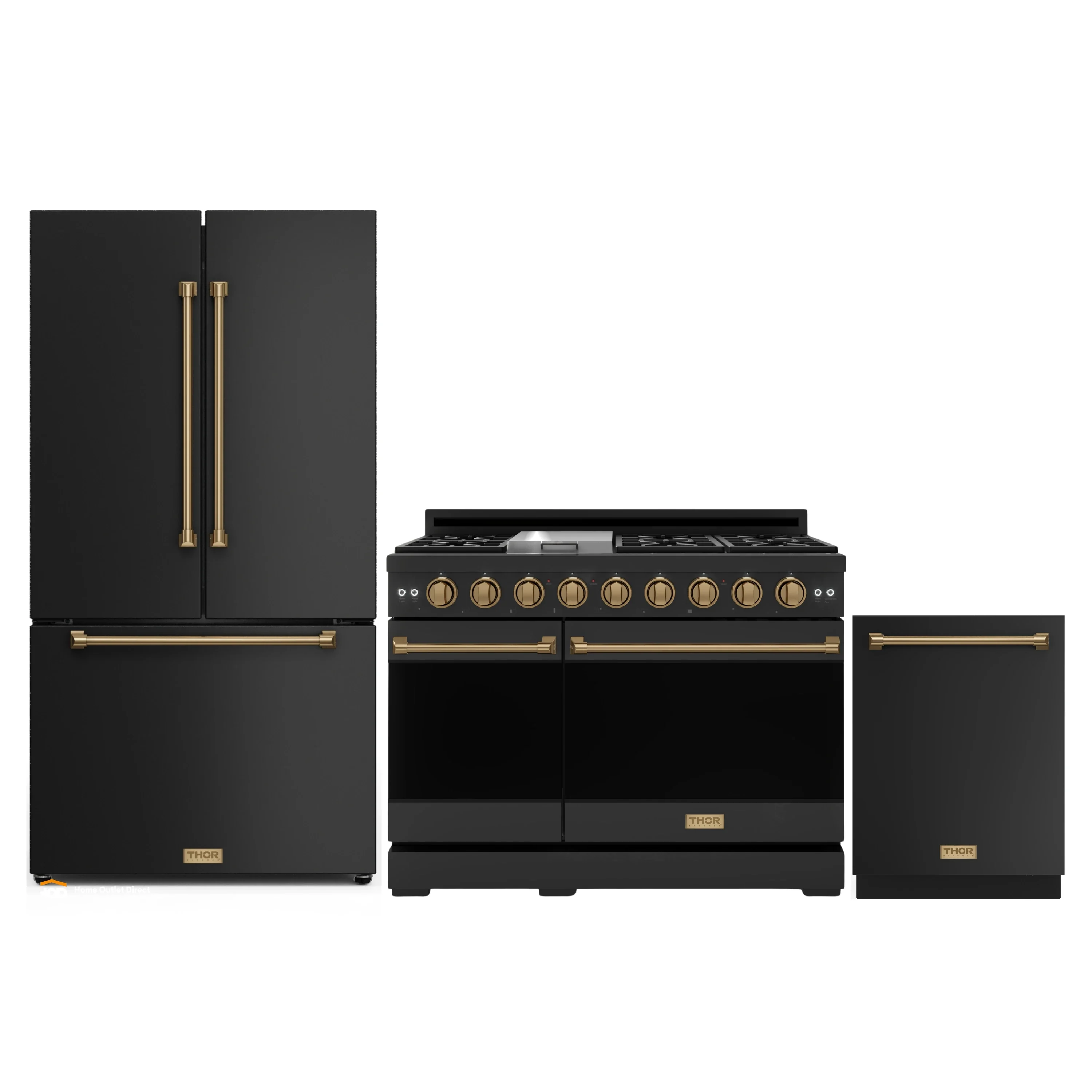 Gordon Ramsay by Thor Kitchen 3-Piece Appliance Package - 48-Inch Gas Range with Double Oven, 36-Inch Refrigerator, and Dishwasher in Black with Bronze Trim