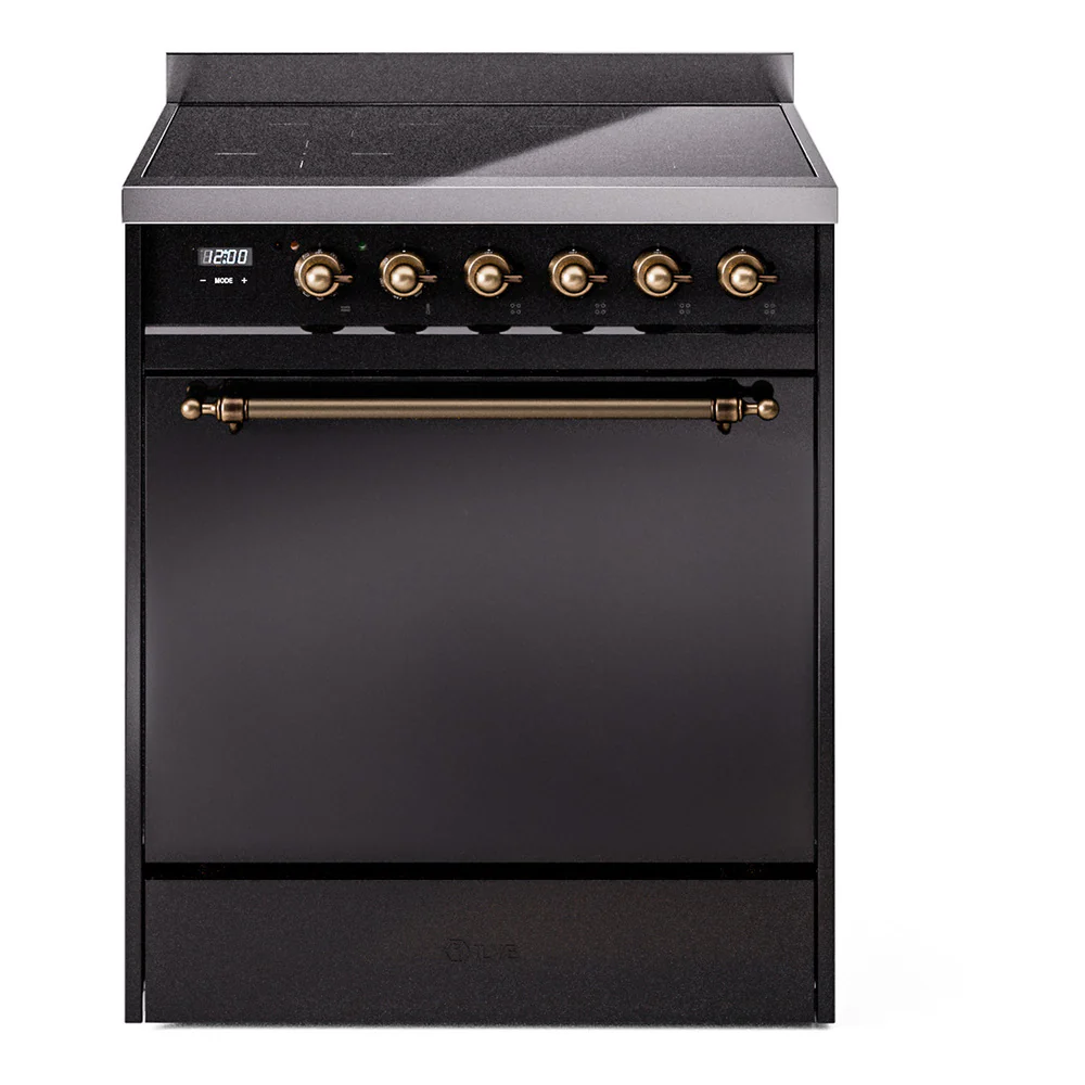 ILVE 30-Inch Nostalgie II Induction Range with Solid Door Oven in Glossy Black with Bronze Trim (UPI304QNMPBKB)