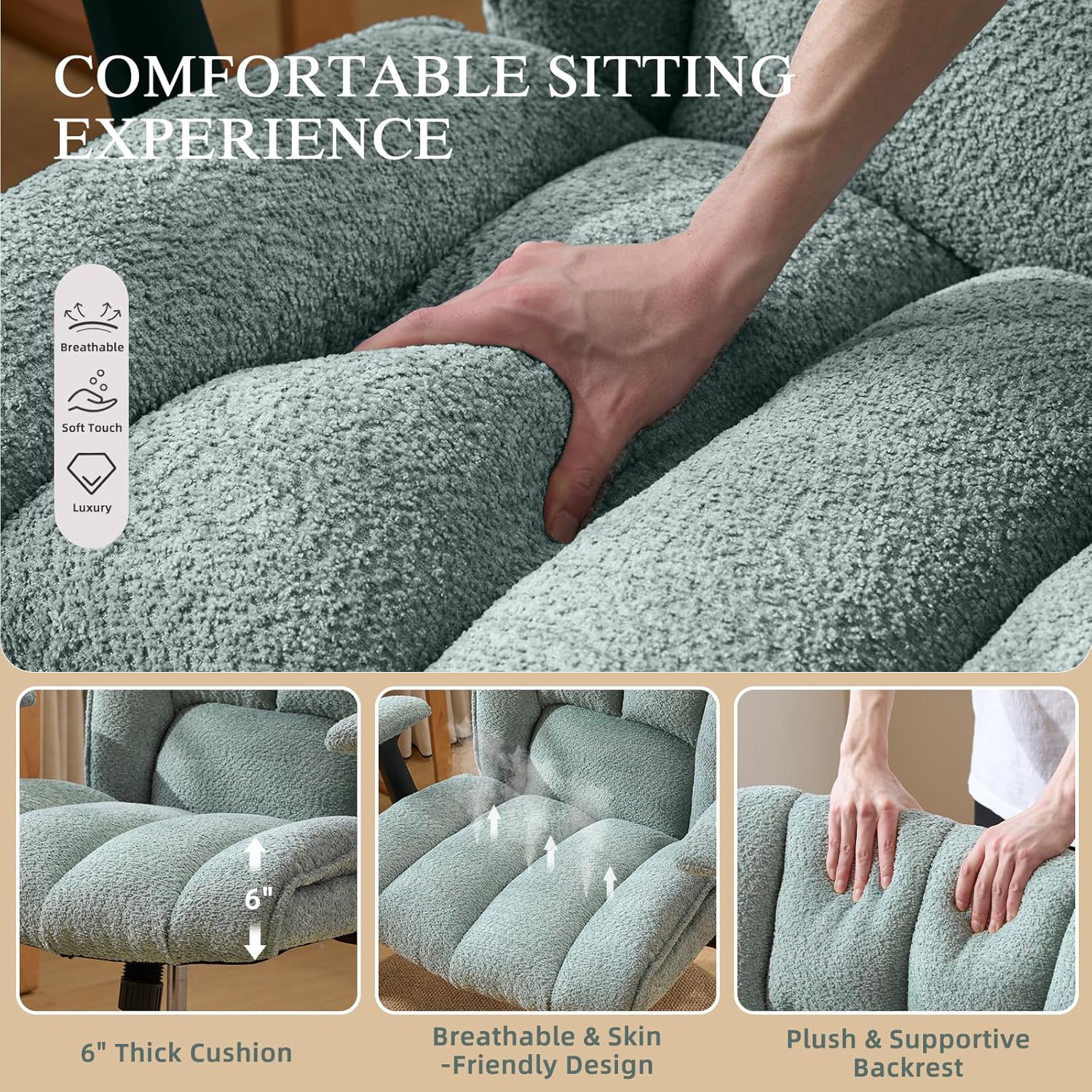 Criss Cross Legged Office Chair with Flip-Up Arms and Wheels, Wide Seat Desk Chair with Built-In Dynamic Airbag Lumbar Support, Modern Cross-Leg Chair for Home Office, Apartment, Vanity, Light Green