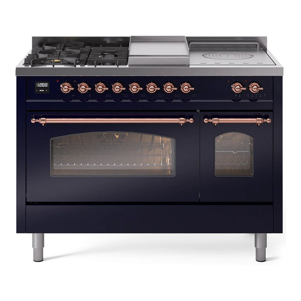 ILVE Nostalgie II 48-Inch Dual Fuel Range with 5 Burners, Griddle, & French Top with Triple Glass Door Oven in Midnight Blue with Copper Trim (UP48FSNMPMBP)