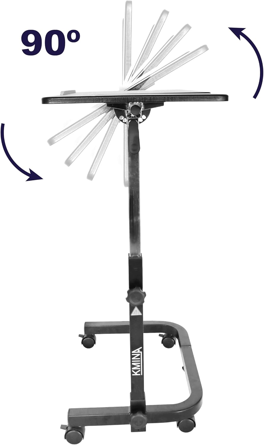 KMINA Overbed Table with Wheels, Hospital Bed Table, Tilting, Adjustable Height, Wood and Steel, C Shaped Side for Home Use Swivel, Black