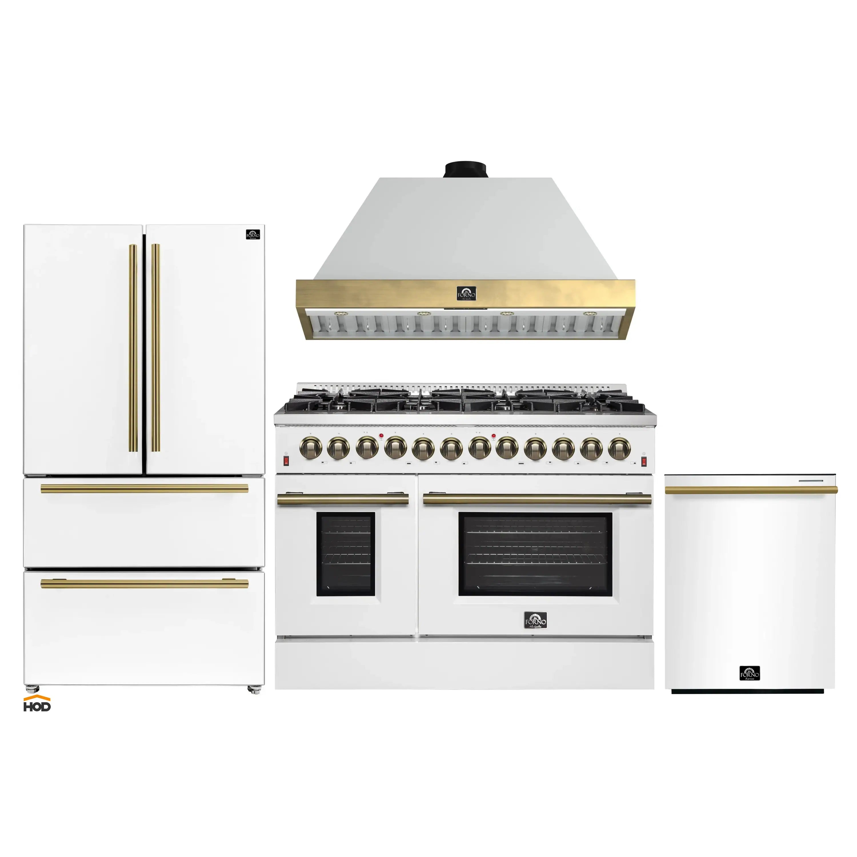 Forno Galiano 4-Piece Appliance Package - 48-Inch Dual Fuel Range, 48-Inch Hood, 36-Inch Refrigerator, & 24-Inch Dishwasher in White with Antique Brass Trim