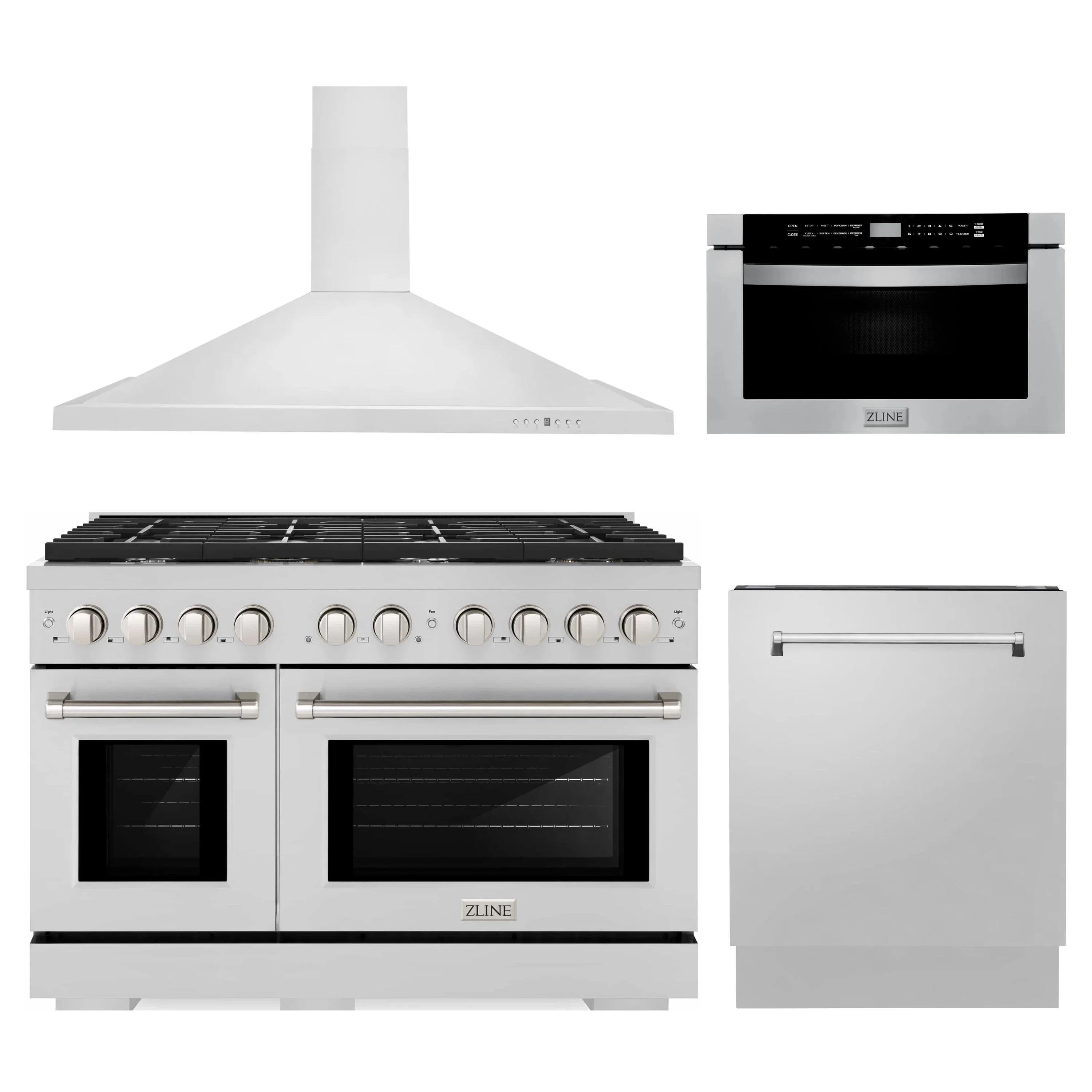 ZLINE 4-Piece Appliance Package - 48-Inch Gas Range, Tall Tub Dishwasher, Microwave Drawer & Convertible Wall Mount Hood (4KP-SGRRH48-MWDWV)
