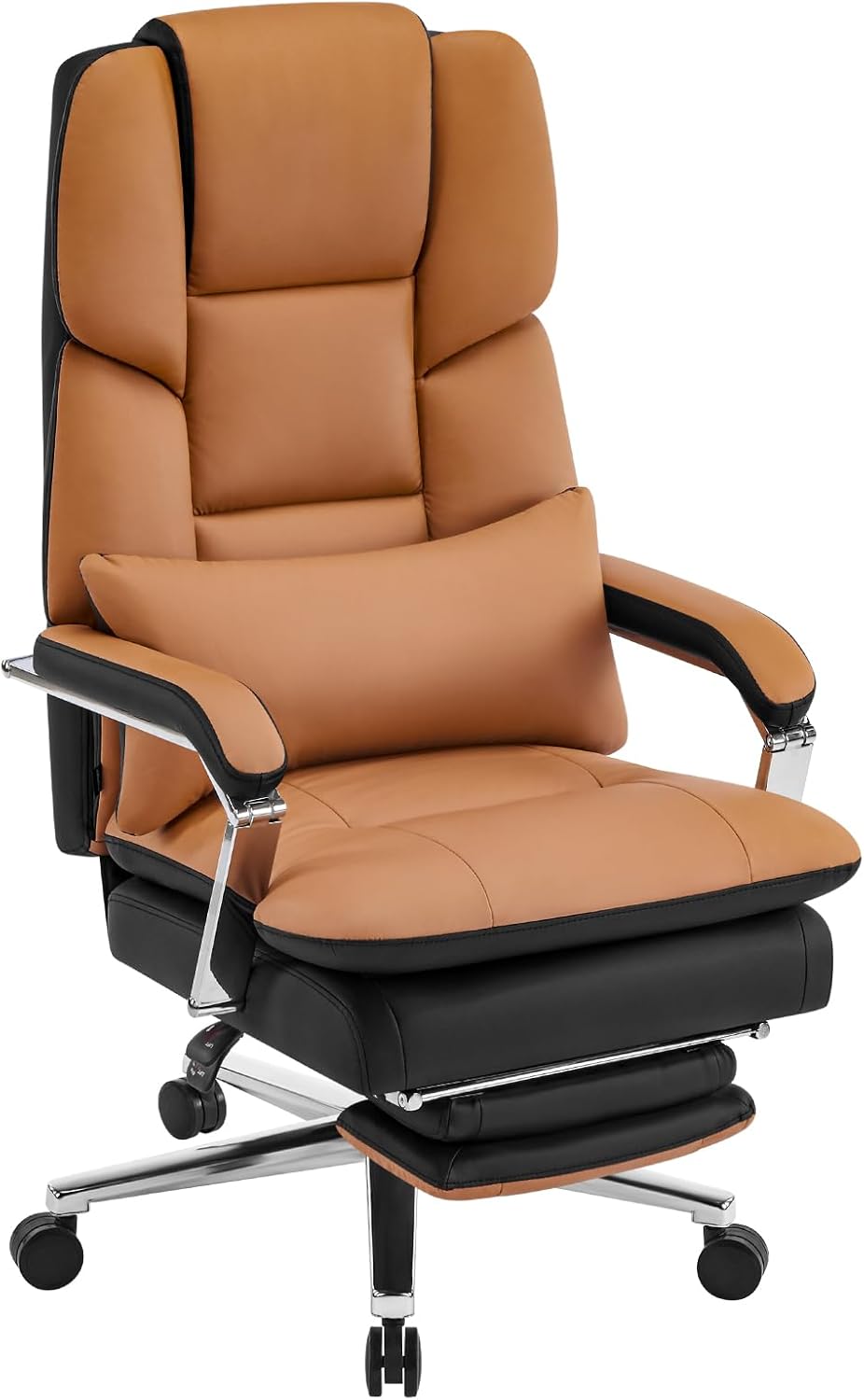 Furniliving Executive Leather Office Chair with Footrest, Big and Tall Office Chair 500lbs,Wide Seat Reclining Desk Chair with Lumbar Support, Armrest, Brown