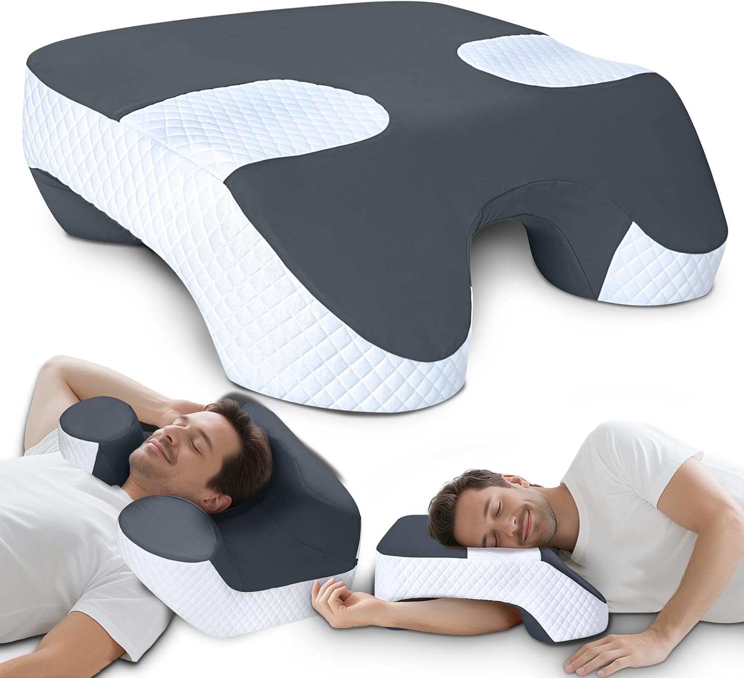 SAHEYER Side Sleeper Pillow with Arm Holes, 2 in 1 Shoulder Relief System for Rotator Cuff Pain, Memory Foam Pillow for Adults with 3 Arm Place Hole, Grey