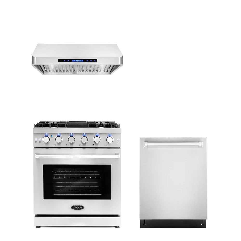 Cosmo 3 - Piece Appliance Package - 30-Inch Gas Range, 30-Inch Under Cabinet Range Hood and 24-Inch Dishwasher (COS-3PKG-012)