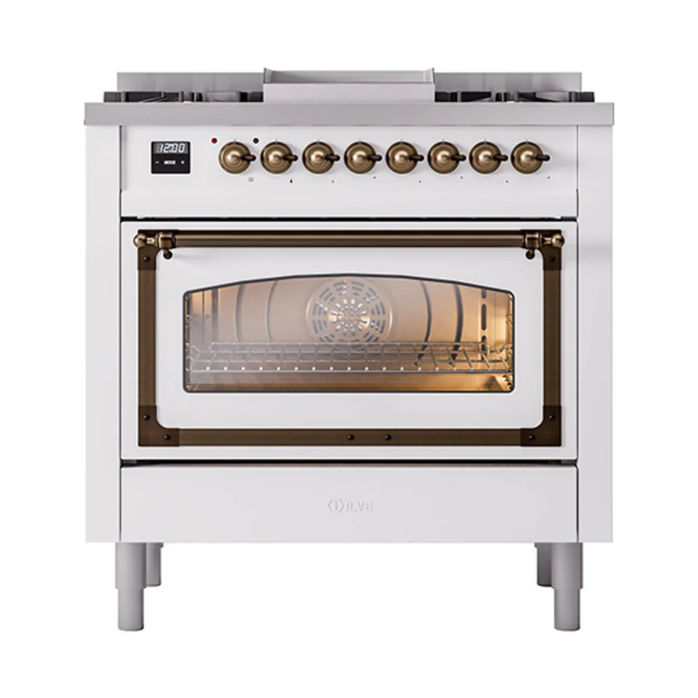 ILVE Nostalgie II Noblesse 36-Inch Dual Fuel Range and Triple Glass Door in White with Bronze Trim (UN36FNMPWHB)
