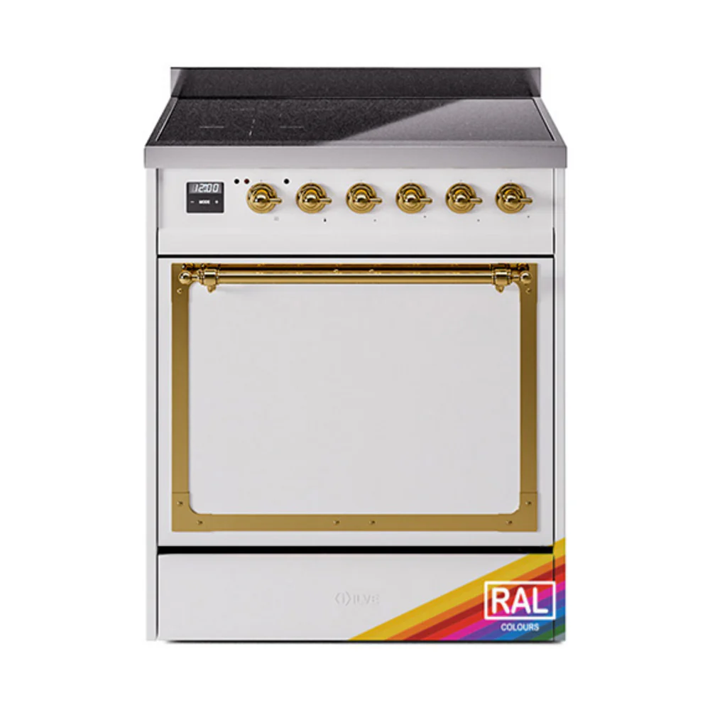 ILVE 30-Inch Nostalgie II Noblesse Induction Range with Solid Door Oven in RAL with Brass Trim (UNI304QNMPRAG)