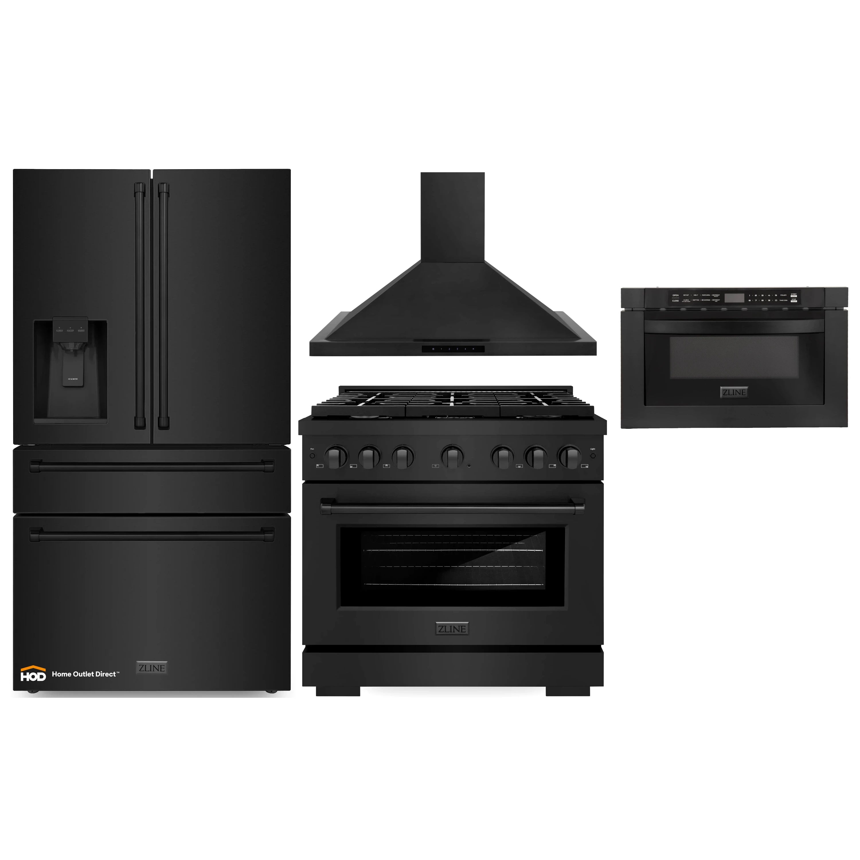 ZLINE 4-Piece Appliance Package - 36-Inch Gas Range, Refrigerator with Water Dispenser, Convertible Wall Mount Hood, and Microwave Drawer in Black Stainless Steel (4KPRW-SGRBRH36-MWD)