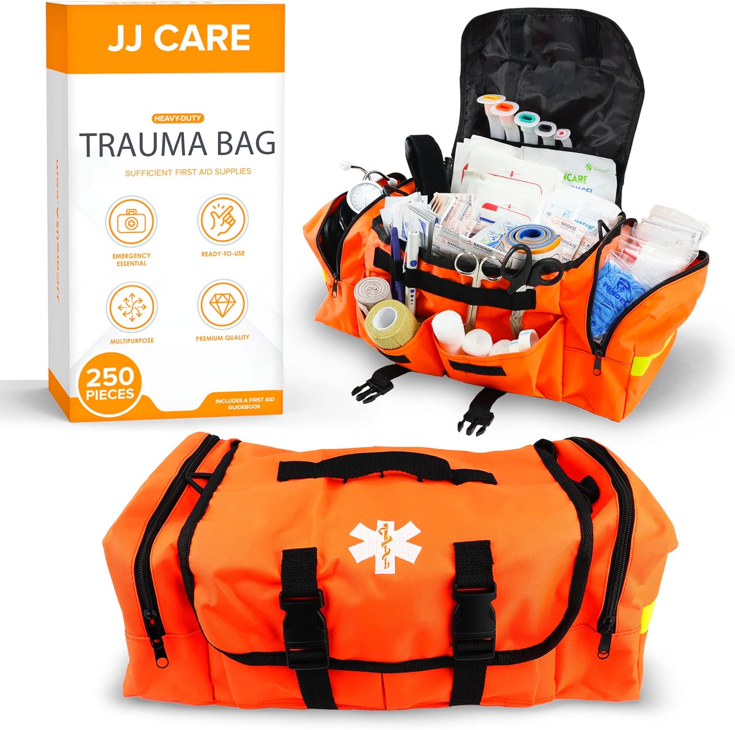 JJ CARE Trauma kit 250PCS First Responder Kit, EMT Bag with Padded Strap, Reflective Medical, Multiple Pockets, EMS First Aid Kit