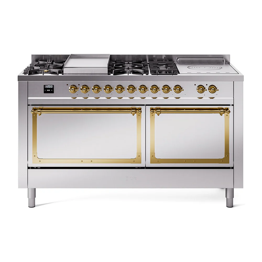 ILVE 60-Inch Nostalgie II Noblesse Dual Fuel Range with 7 Sealed Burners, Gridlde, French Top, and Solid Door Oven in Stainless Steel with Brass Trim (UN60FSQNMPSSG)