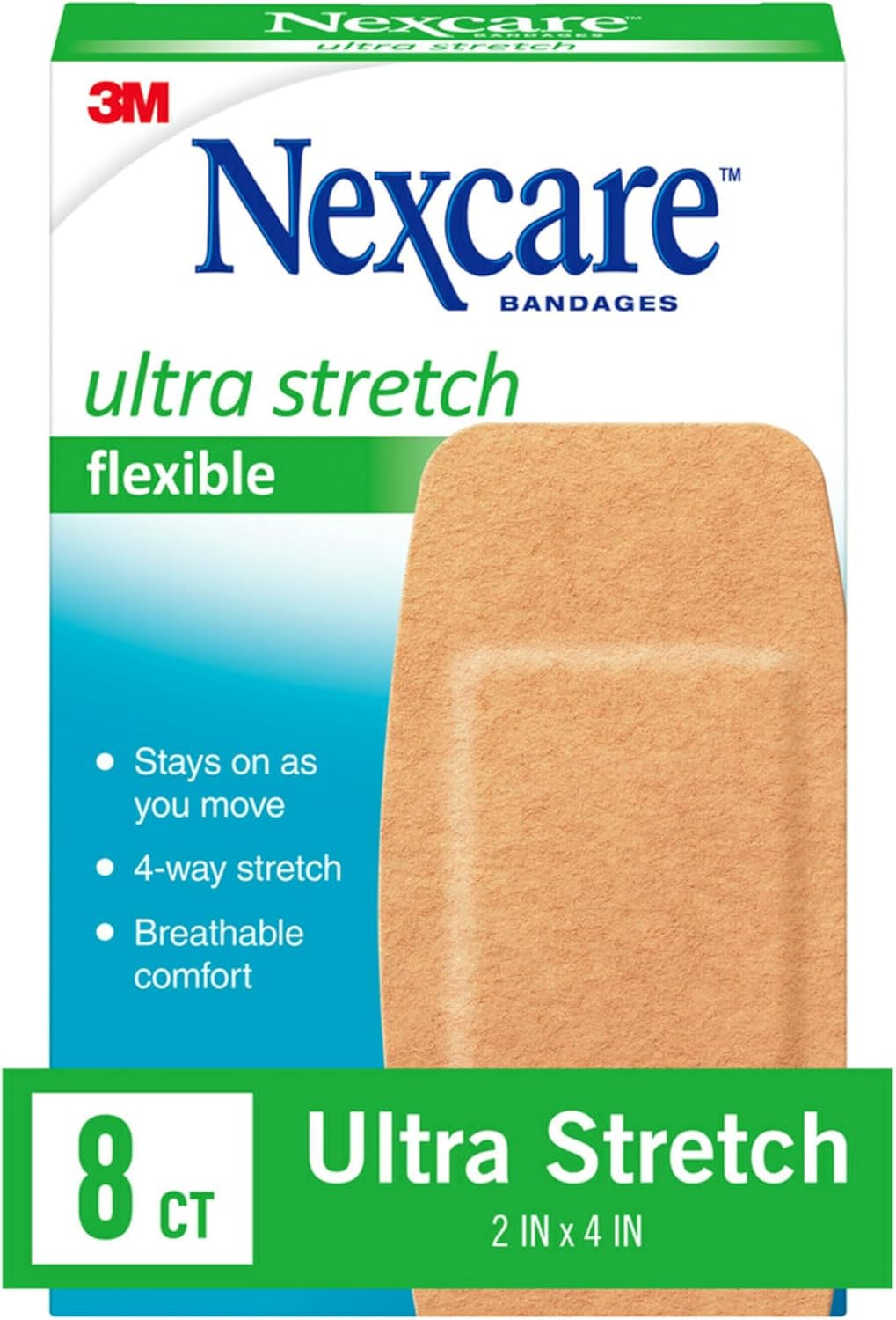 Nexcare Soft 'n Flex Knee & Elbow Bandages, Flexible Fabric, 2 in x 4 in, 8 Count (Pack of 24, 192 Total)
