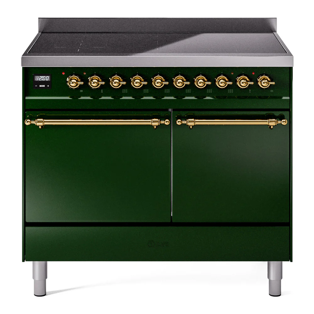ILVE 40-Inch Nostalgie II Induction Range with Solid Door Oven in Emerald Green with Brass Trim (UPDI406QNMPEGG)