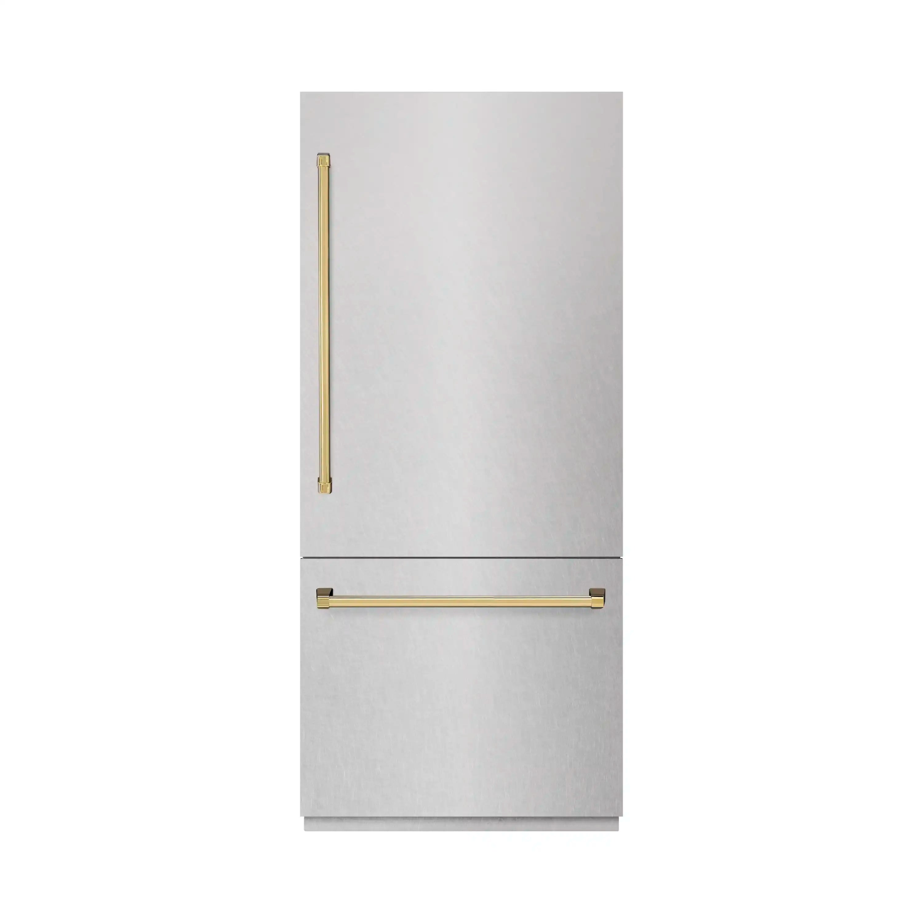ZLINE Autograph Edition 36-Inch 19.8 Cu. Ft. Built-In Bottom Freezer Refrigerator with Water Dispenser and Ice Maker in Satin Stainless Steel and Polished Gold Accents (RBITZ-SN-36-G)