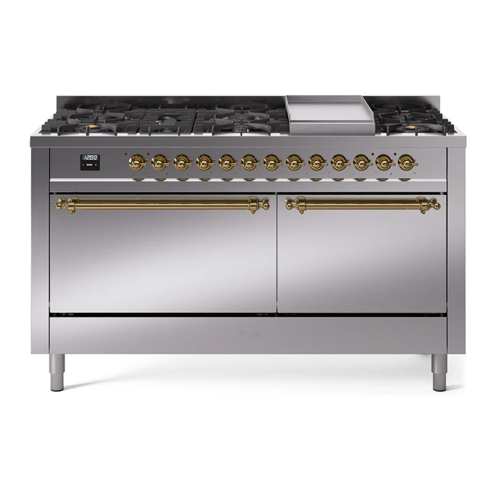 ILVE 60-Inch Nostalgie II Dual Fuel Range with 9 Burners, Griddle, and Solid Door Oven in Stainless Steel with Brass Trim (UP60FQNMPSSG)