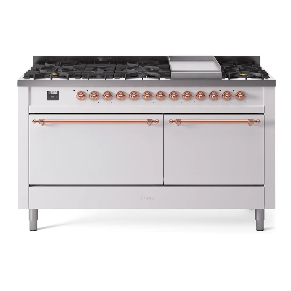 ILVE 60-Inch Nostalgie II Dual Fuel Range with 9 Burners, Griddle, and Solid Door Oven in White with Copper Trim (UP60FQNMPWHP)