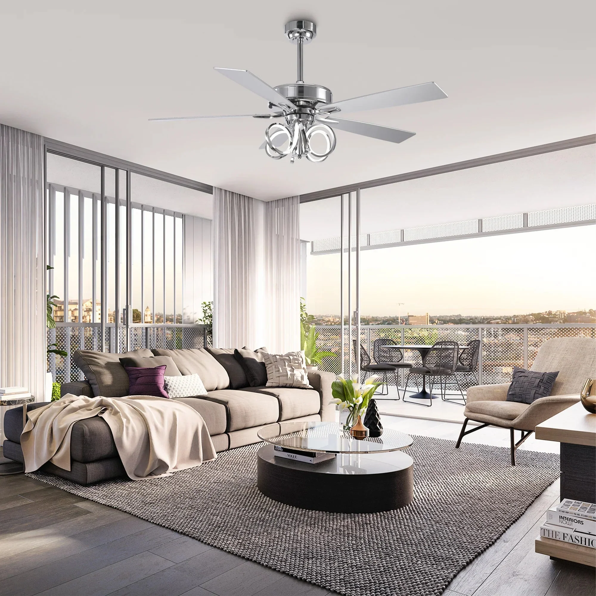 Parrot Uncle 52-Inch Levi Double-Sided Blades in Downrod Mount LED Ceiling Fan with Remote Control