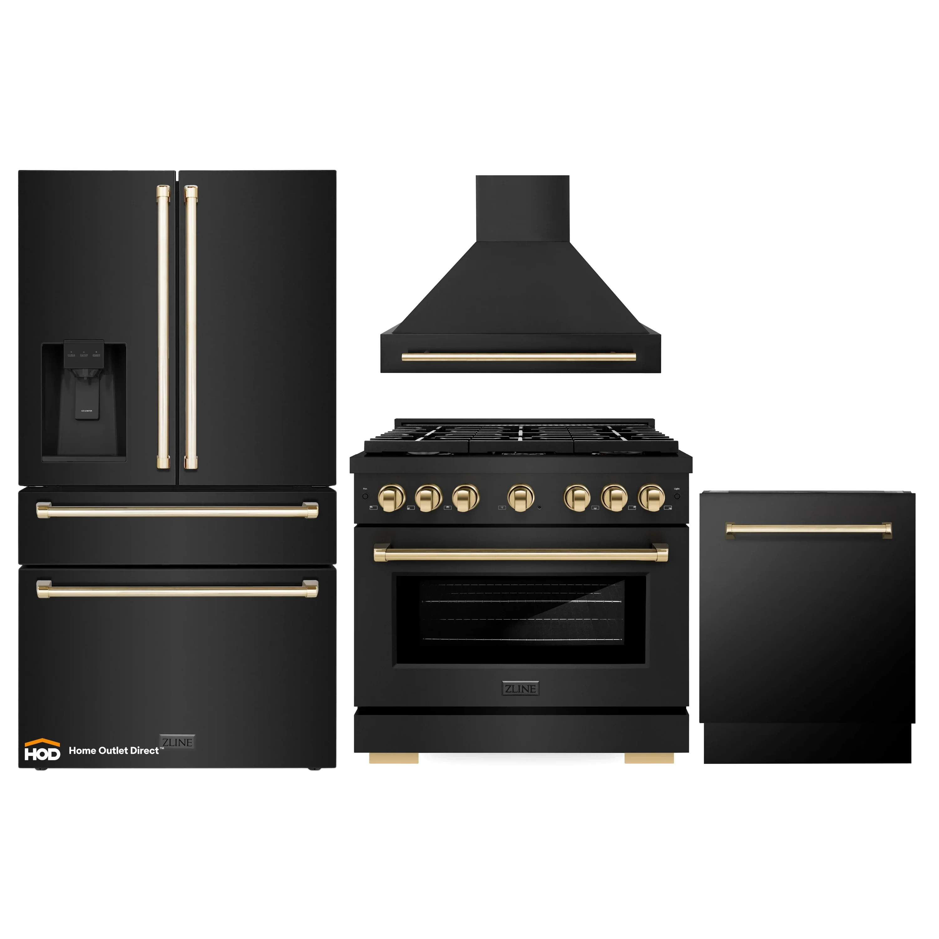 ZLINE Autograph Edition 4-Piece Appliance Package - 36-Inch Gas Range, Refrigerator with Water Dispenser, Wall Mounted Range Hood, & 24-Inch Tall Tub Dishwasher in Black Stainless Steel with Gold Trim (4KAPR-SGRBRHDWV36-G)