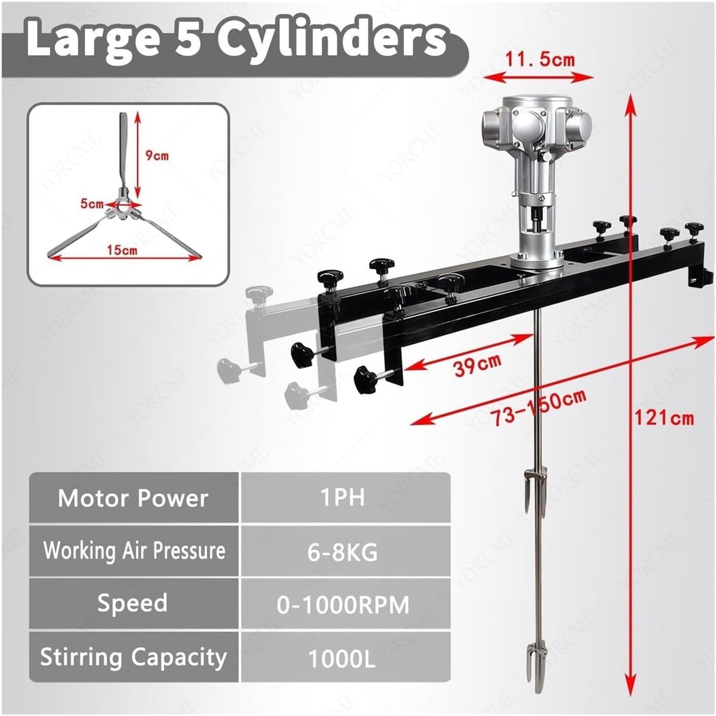 Air Agitator Pneumatic Paint Mixer Machine Stirring Capacity 1000 L/264 Gallon for Coatings, Inks, Paints, and Chemical Liquids(Large5cylinder(1PH))