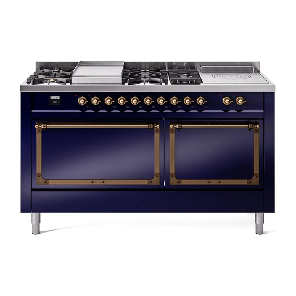 ILVE 60-Inch Nostalgie II Noblesse Dual Fuel Range with 7 Sealed Burners, Gridlde, French Top, and Solid Door Oven in Midnight Blue with Bronze Trim (UN60FSQNMPMBB)