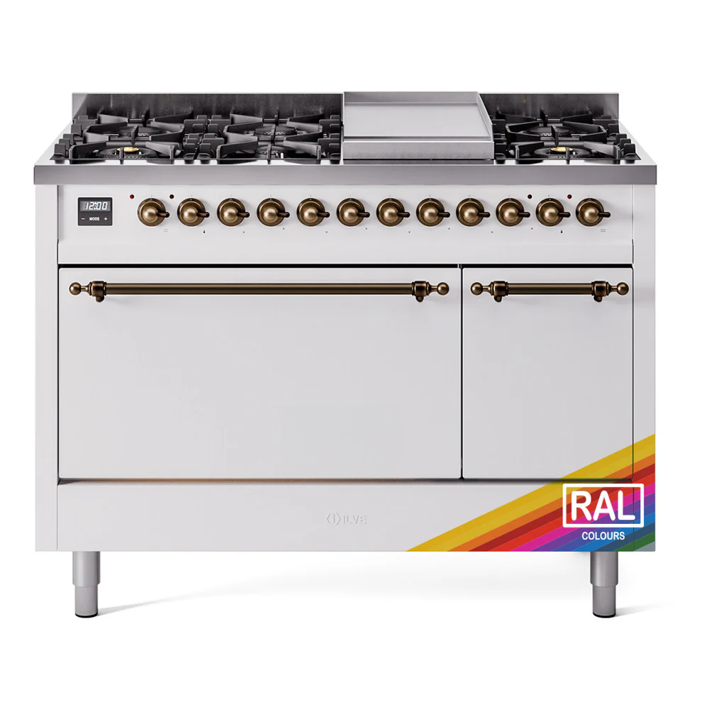 ILVE 48-Inch Nostalgie II Dual Fuel Range with 8 Burners, Griddle, and Solid Door Oven in Custom RAL with Bronze Trim (UP48FQNMPRAB)