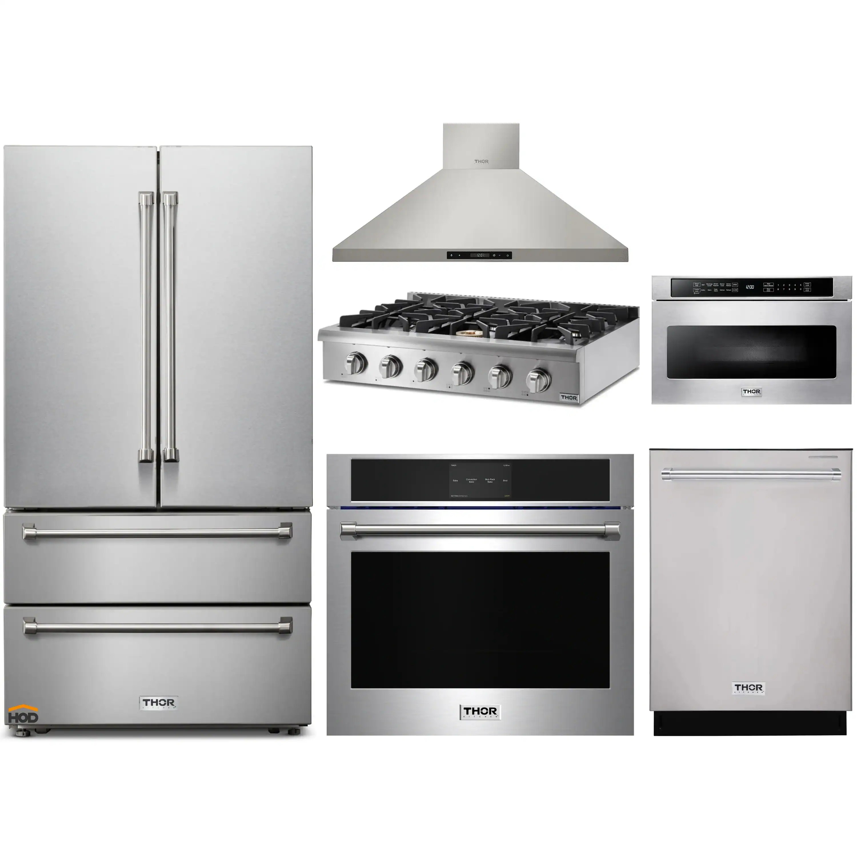Thor Kitchen 6-Piece Pro Appliance Package - 36-Inch Rangetop, Electric Wall Oven, Wall Mount Hood, Refrigerator, Dishwasher, & Microwave in Stainless Steel