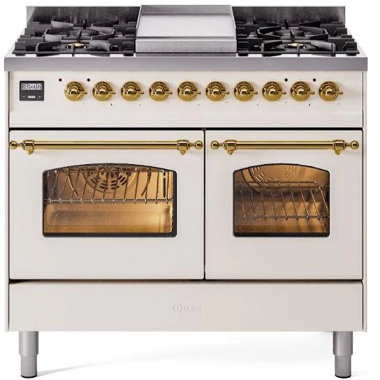 ILVE Nostalgie II 40-Inch Dual Fuel Freestanding Range in Antique White with Brass Trim (UPD40FNMPAWG)
