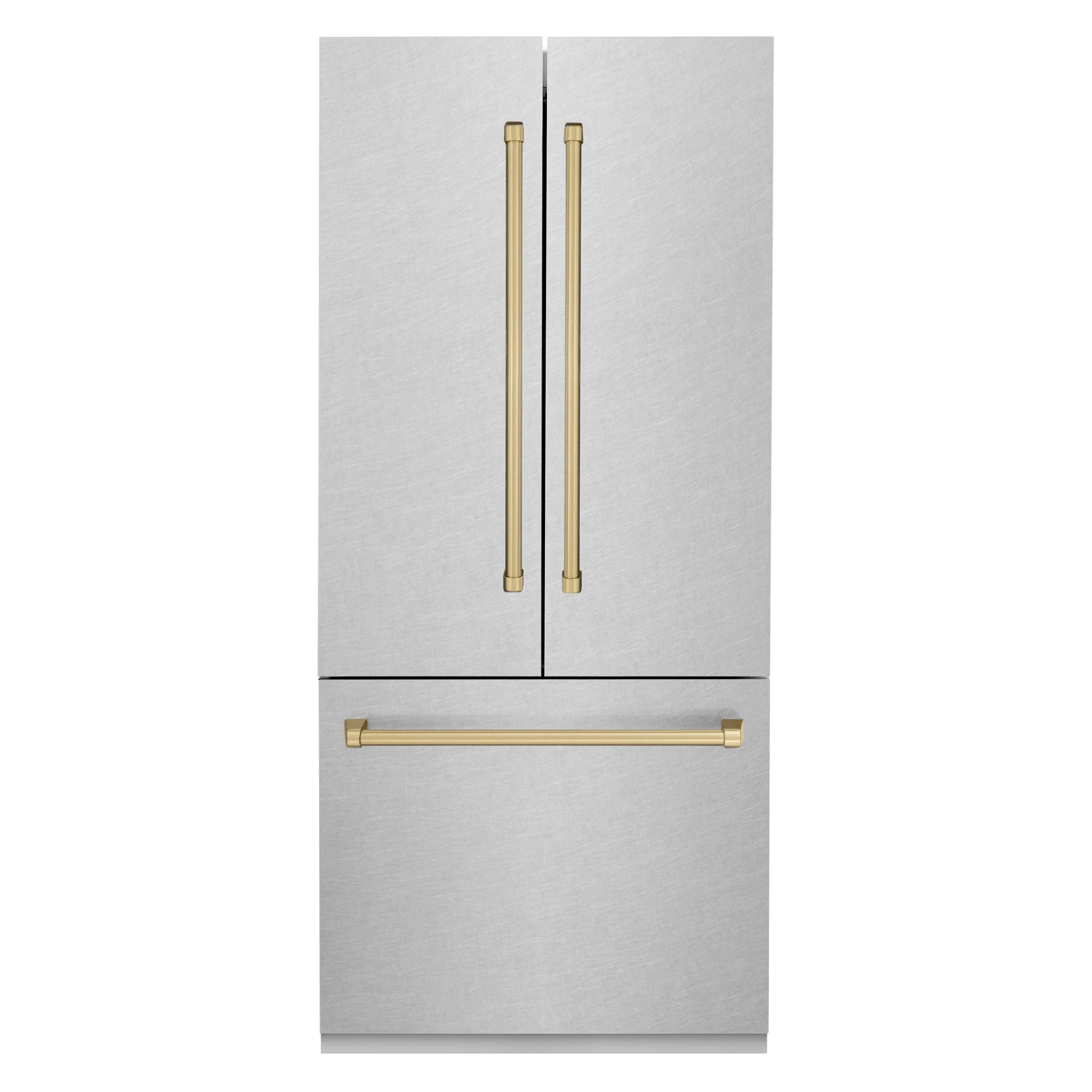 ZLINE 36-Inch Autograph Edition 19.6 cu. ft. Built-in 2-Door Bottom Freezer Refrigerator with Internal Water and Ice Dispenser in Satin Stainless Steel with Champagne Bronze Accents (RBIVZ-SN-36-CB)