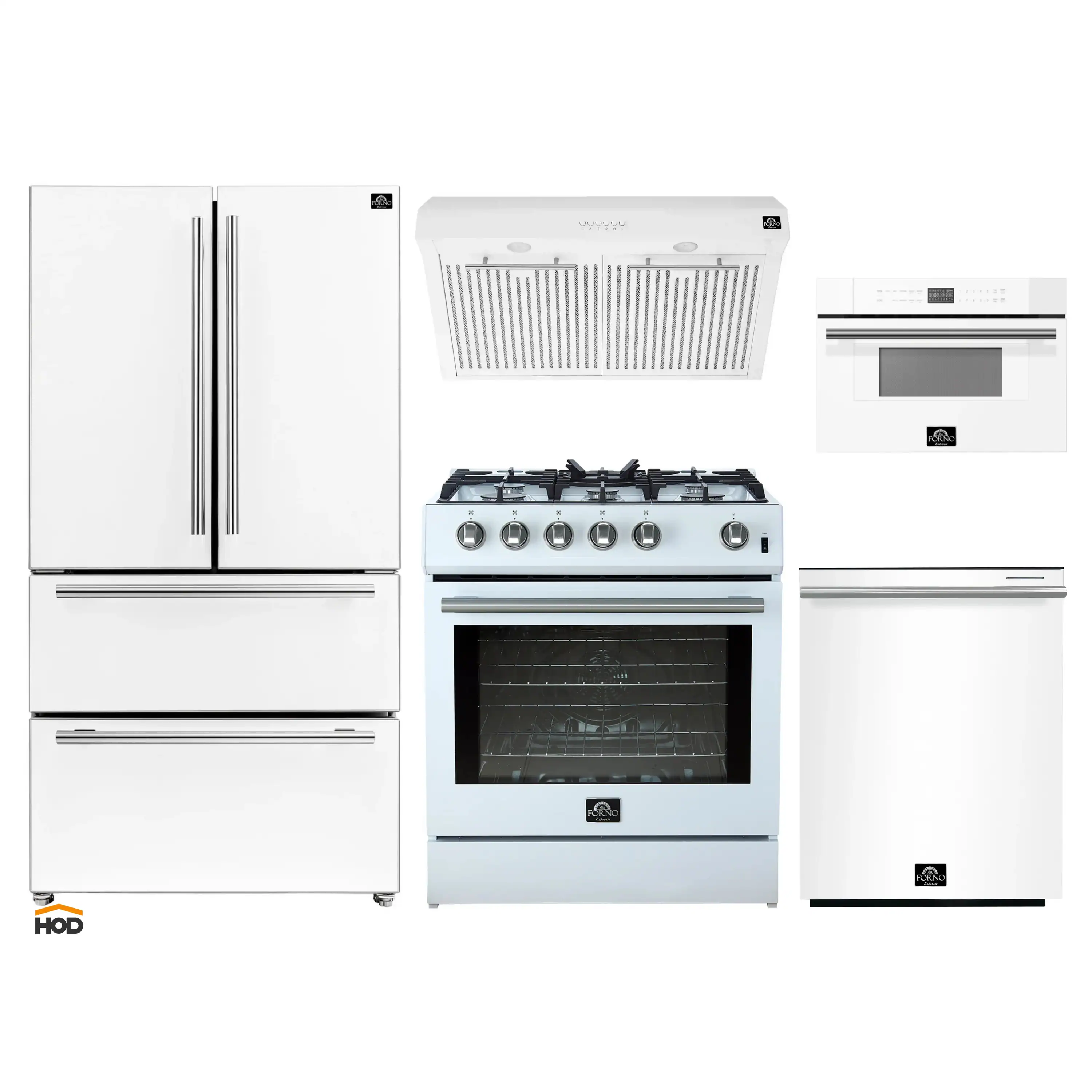 Forno 5-Piece Appliance Package - 30-Inch Gas Range, Under Cabinet Range Hood, Refrigerator, Dishwasher, and 30-Inch Microwave Drawer in White with Stainless Steel Trim