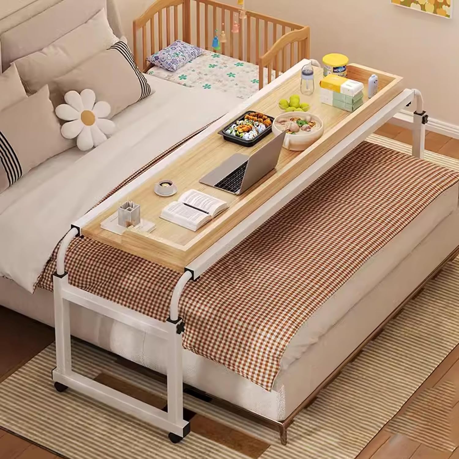 Over Bed Table with Wheels, Table Over Bed, Adjustable Overbed Table, Adjustable Height and Width Office Desk, Standing Workstation Laptop Cart, for Laptop, Eating, Home, Hospital (Color : W