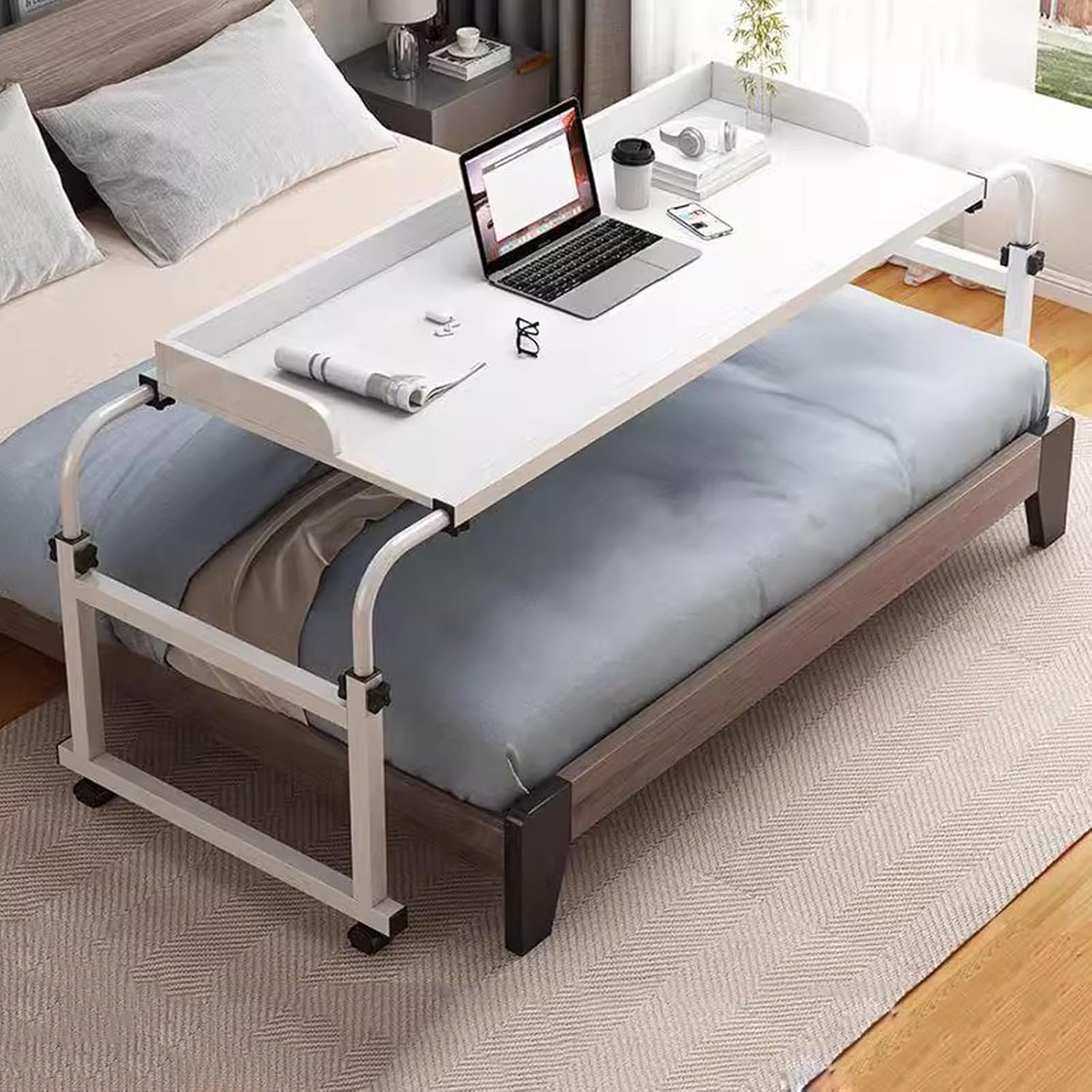 Computer Desk Over-Bed Tables with Wheels，Height and Length Adjustable Food Tray Desk Rolling Medical Table Tray Sofa Side Bed Laptop Cart Standing Over Bed Table King Size(Color:W