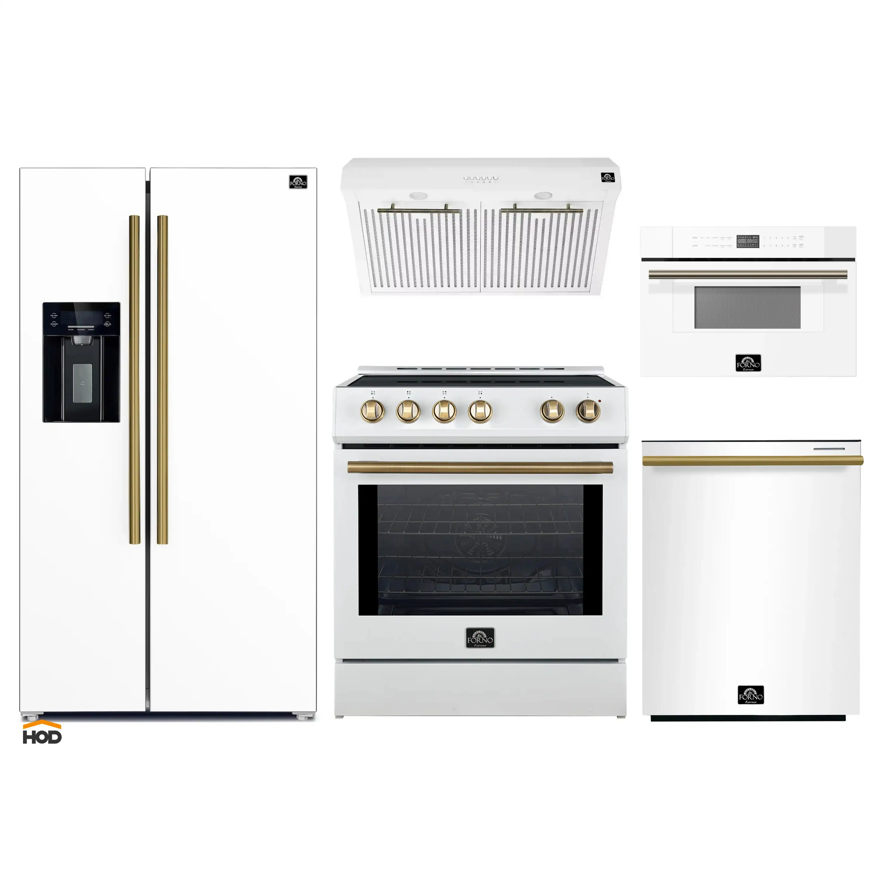 Forno 5-Piece Appliance Package - 30-Inch Induction Range, Under Cabinet Range Hood, Refrigerator with Water Dispenser, Dishwasher, and 30-Inch Microwave Drawer in White with Antique Brass Trim