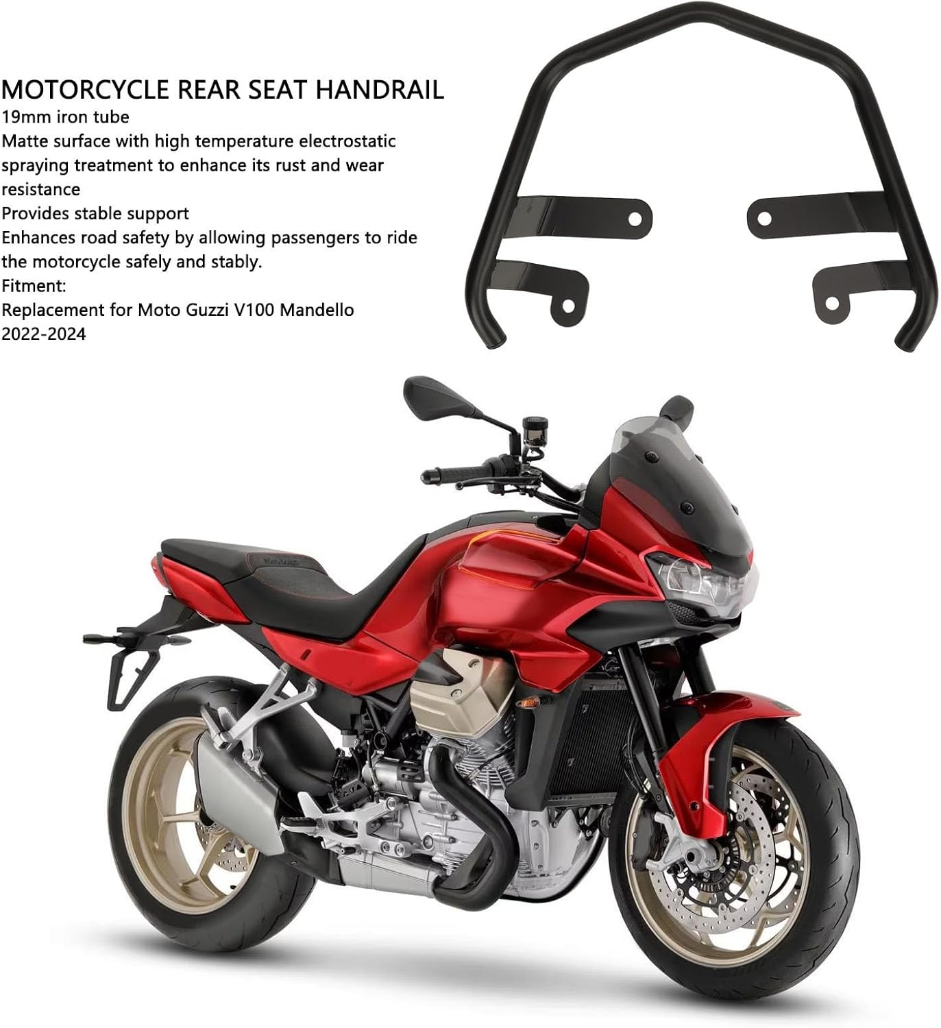 Bnineteenteam Rear Seat Armrest Replacement, Passenger Seat Hand Grab Bar 19mm Stable Support Replacement for V100 Mandello 2022 to 2024