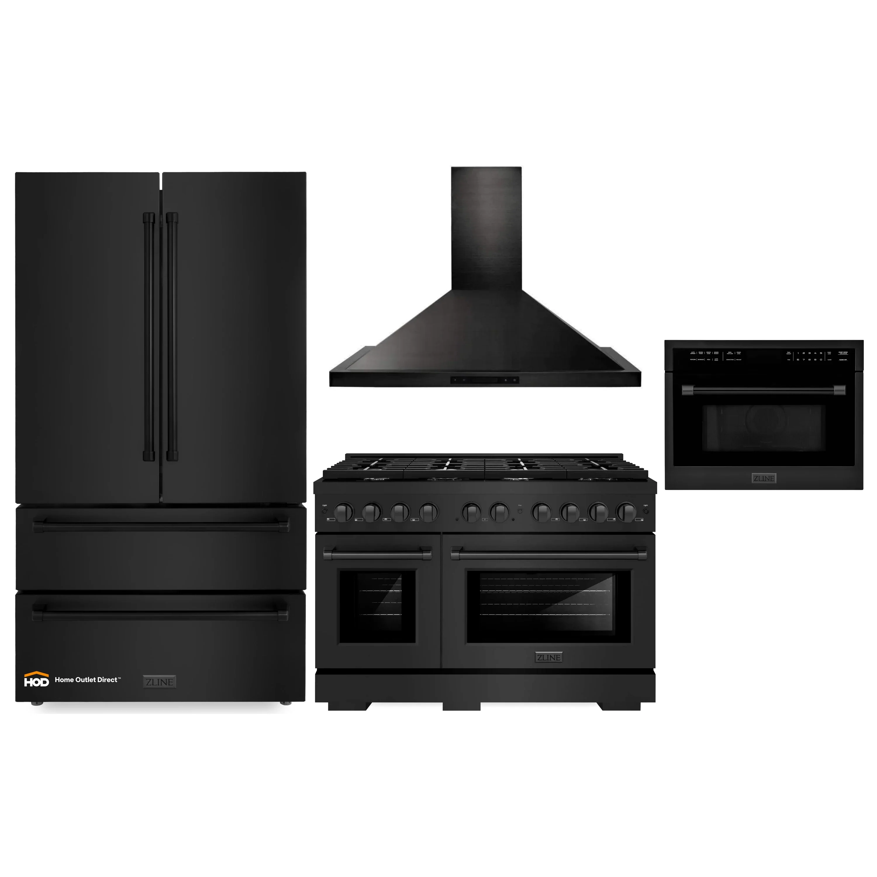 ZLINE 4-Piece Appliance Package - 48-Inch Gas Range, Refrigerator, Convertible Wall Mount Hood, and Microwave Oven in Black Stainless Steel (4KPR-SGRBRH48-MWO)